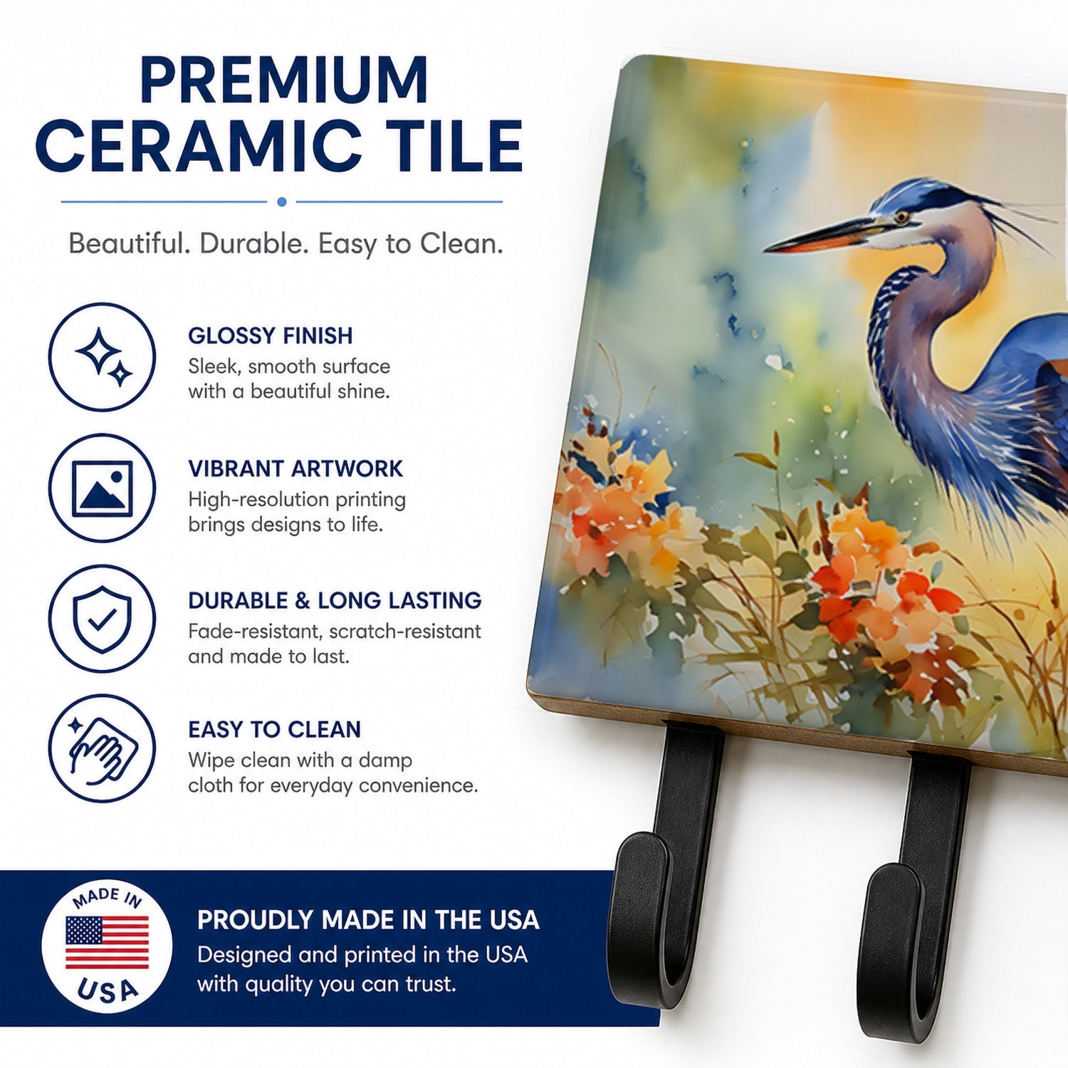 Blue Heron Leash or Key Holder Wall Hooks, Coat Rack Wall Mount, for Hanging Keys, Towels, Aprons, Leashes