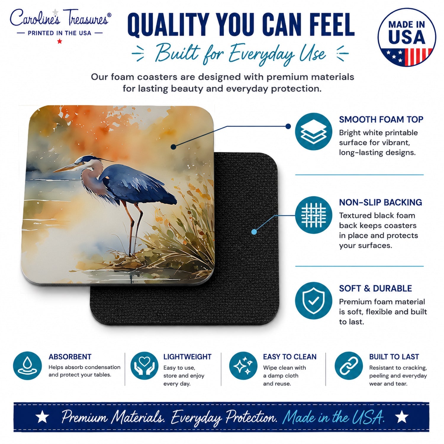 Blue Heron Foam Coasters Set of 4 Cup Coasters for Indoor Outdoor, Tabletop Protection, Anti Slip, Mouse pad Material