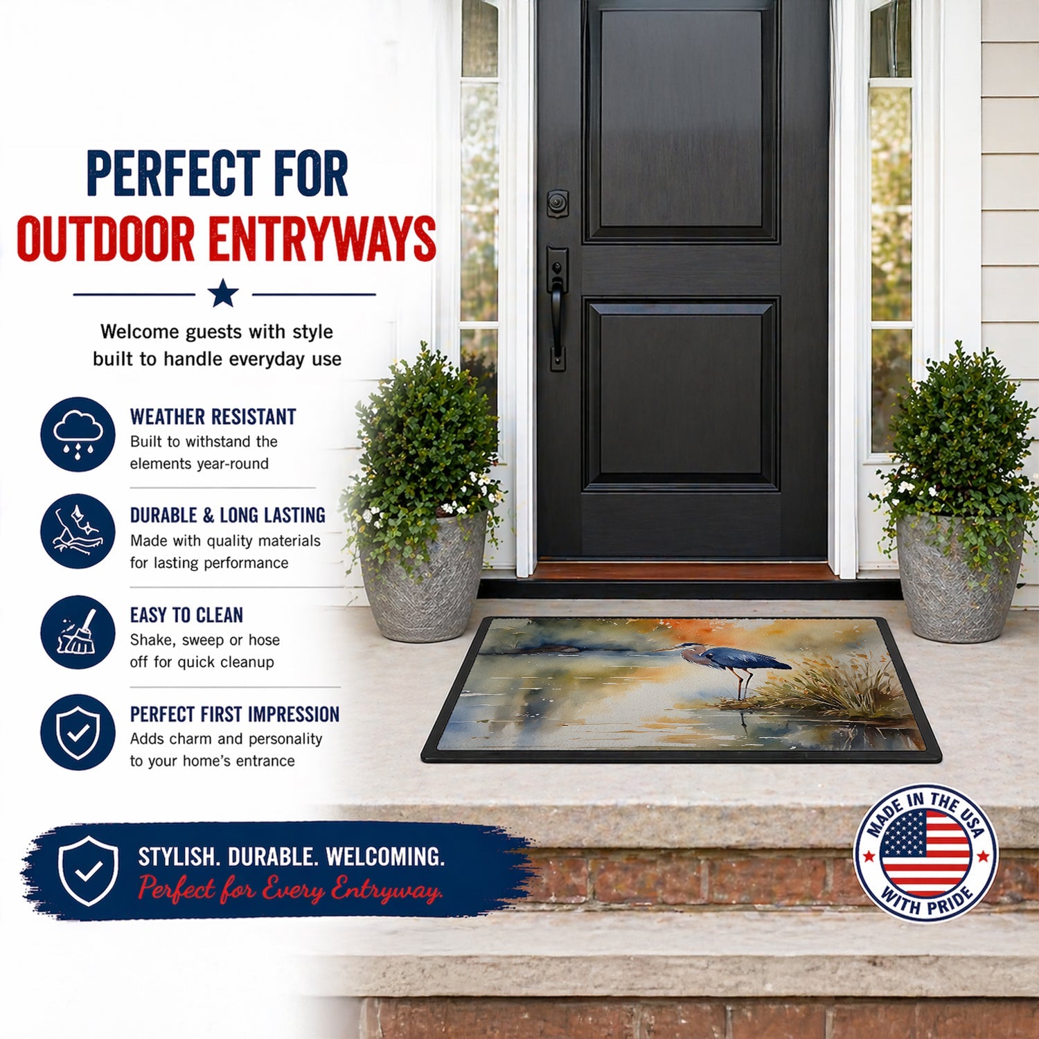 Blue Heron Doormat Indoor Outdoor 18H X 27W Front Door Mat Rugs for Entryway, Non Slip Washable
