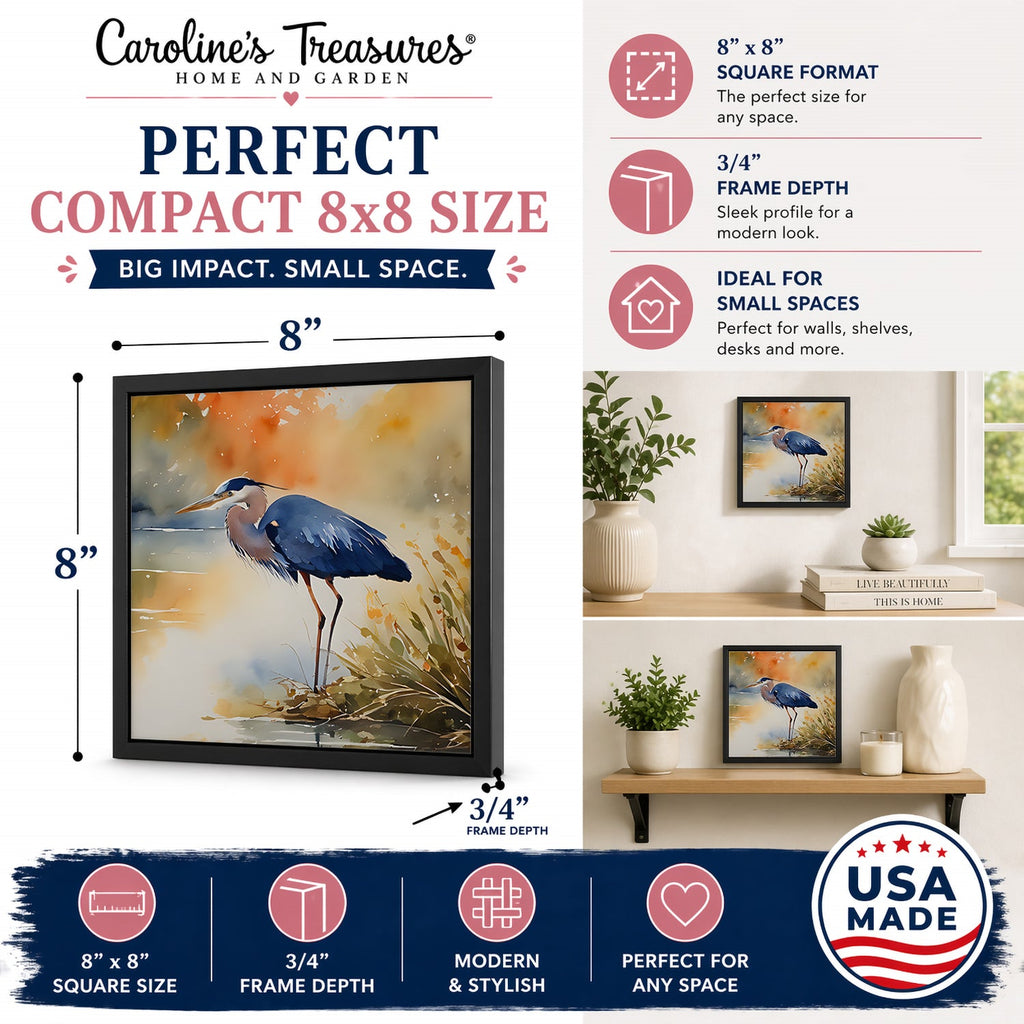 Blue Heron Framed Metal Print Bathroom, Kitchen, Office, Home Decor Wall Art Ready to Hang, Square, 8X8