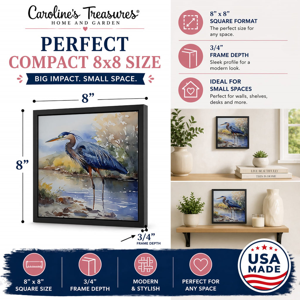 Blue Heron Framed Metal Print Bathroom, Kitchen, Office, Home Decor Wall Art Ready to Hang, Square, 8X8