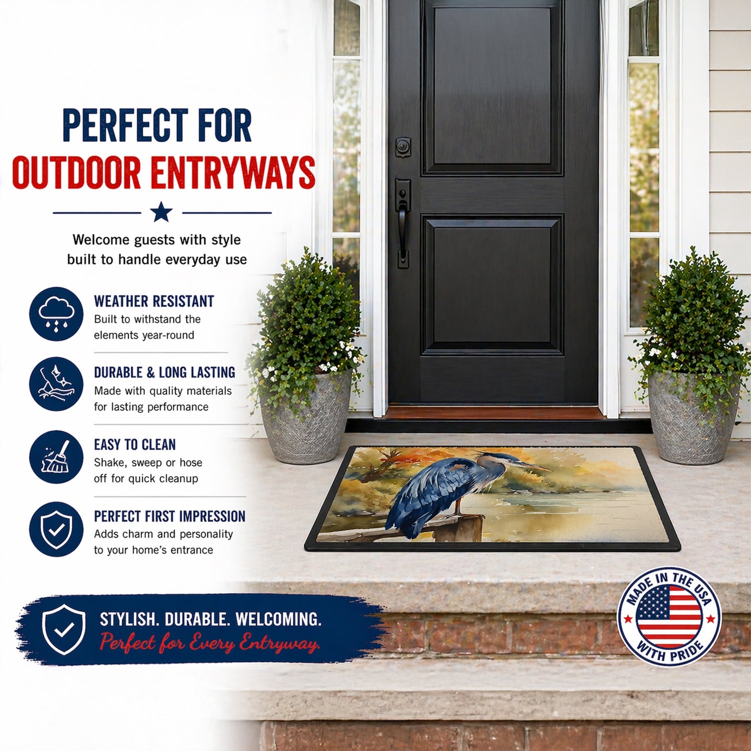 Blue Heron Doormat Indoor Outdoor 18H X 27W Front Door Mat Rugs for Entryway, Non Slip Washable