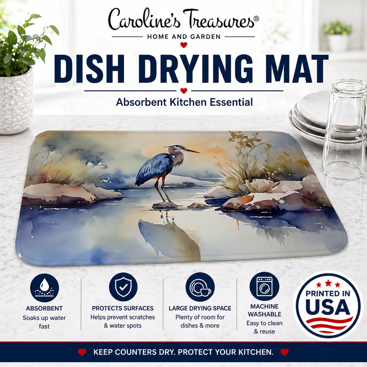 Blue Heron Dish Drying Mat Absorbent Dish Drying Mat Pad for Kitchen Counter Dish Drainer Mat for Countertop, 14 x 21", Multicolor