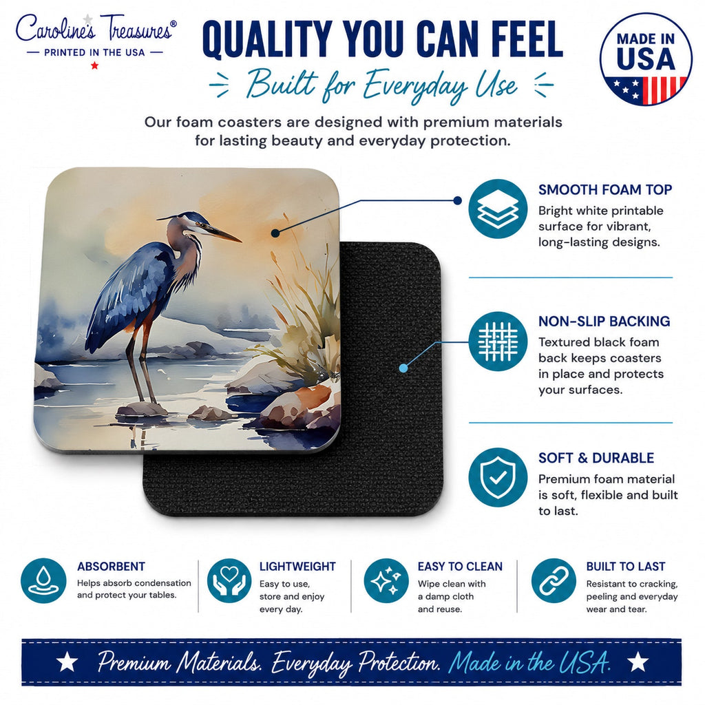 Blue Heron Foam Coasters Set of 4 Cup Coasters for Indoor Outdoor, Tabletop Protection, Anti Slip, Mouse pad Material