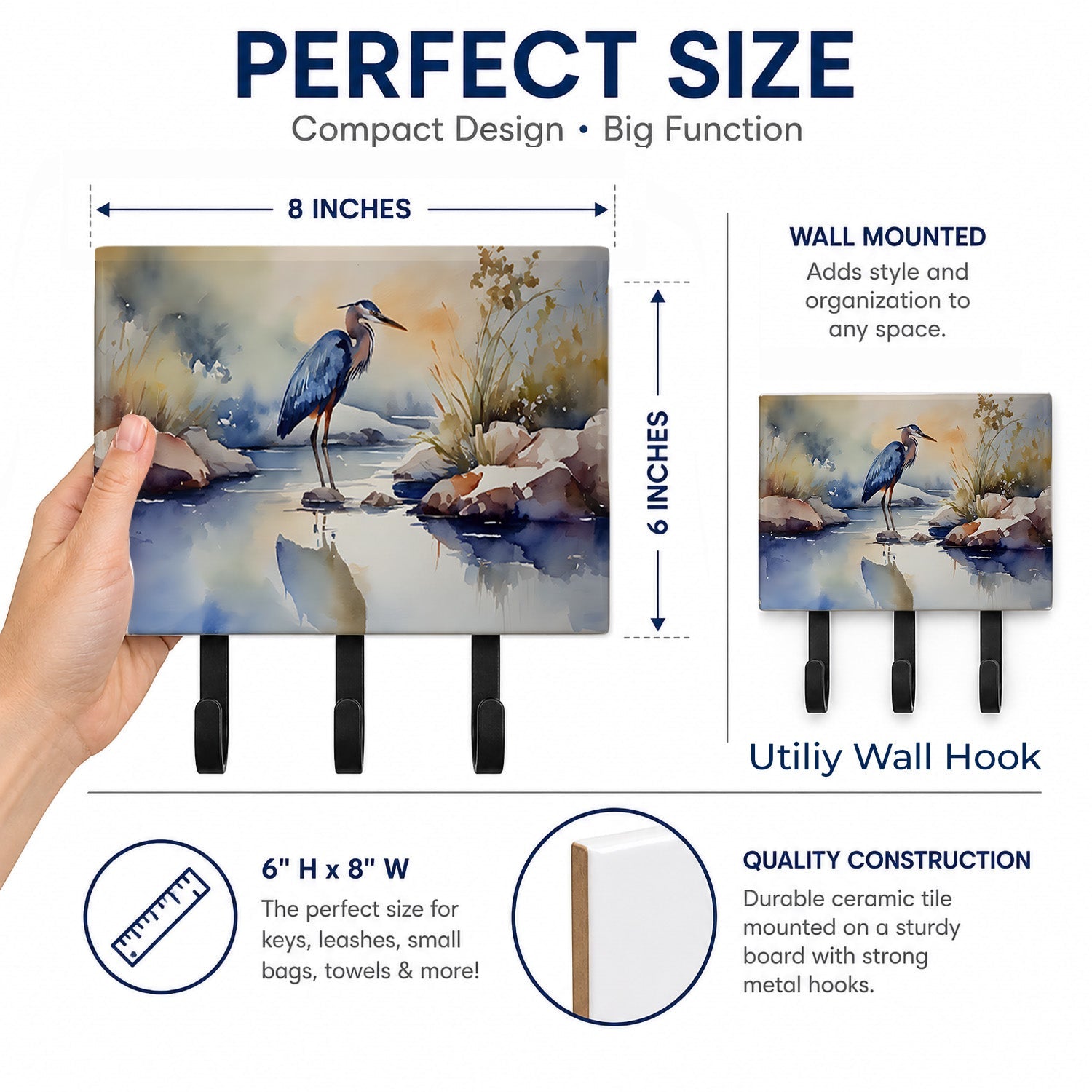 Blue Heron Leash or Key Holder Wall Hooks, Coat Rack Wall Mount, for Hanging Keys, Towels, Aprons, Leashes