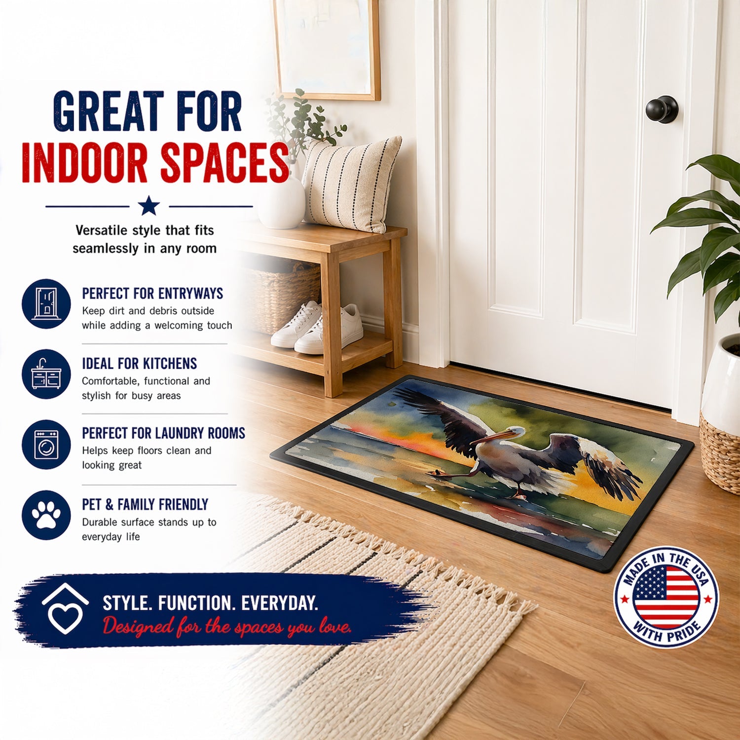 Pelican Doormat Indoor Outdoor 24H X 36W Front Door Mat Rugs for Entryway, Non Slip Washable Low Pile,