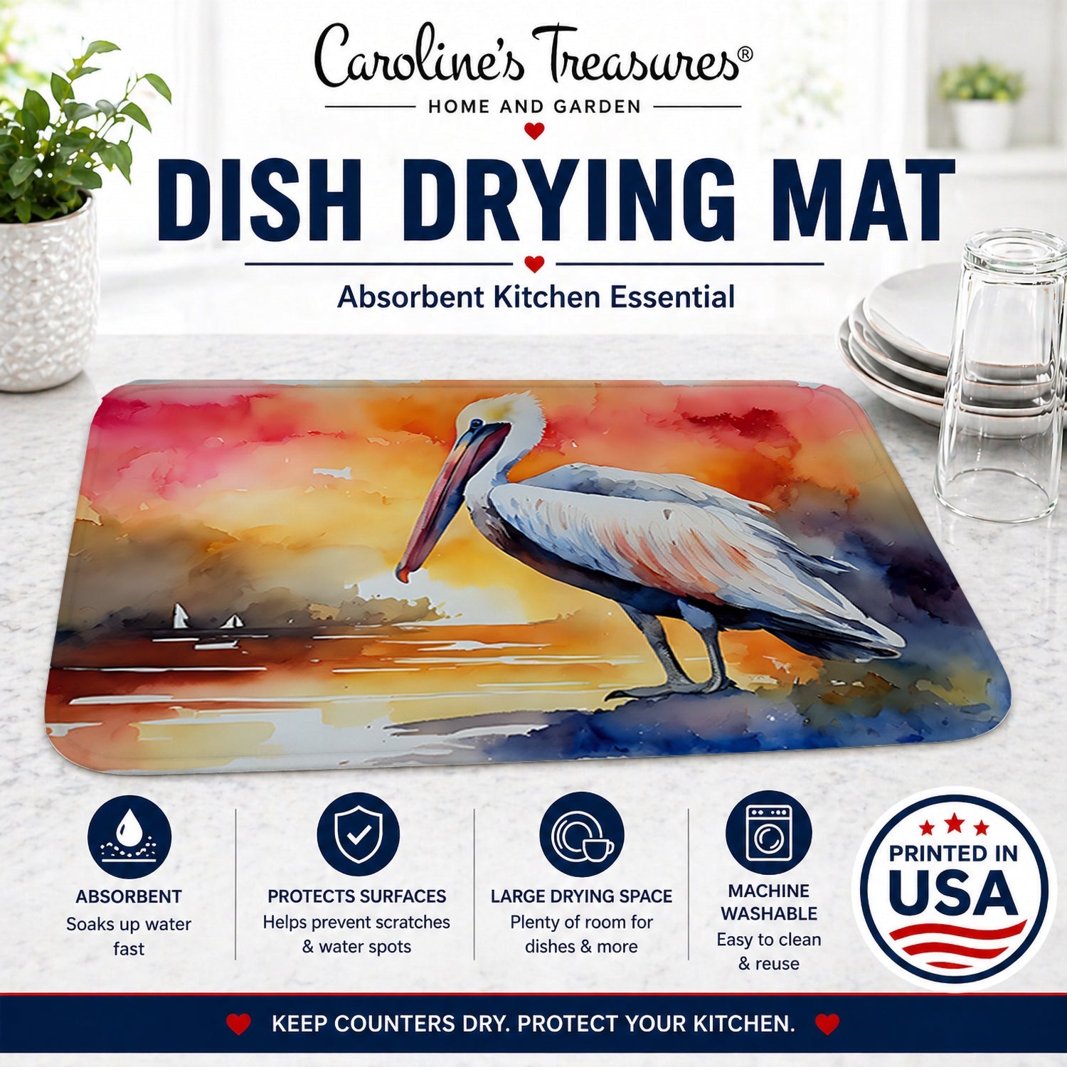 Pelican Dish Drying Mat Absorbent Dish Drying Mat Pad for Kitchen Counter Dish Drainer Mat for Countertop, 14 x 21", Multicolor