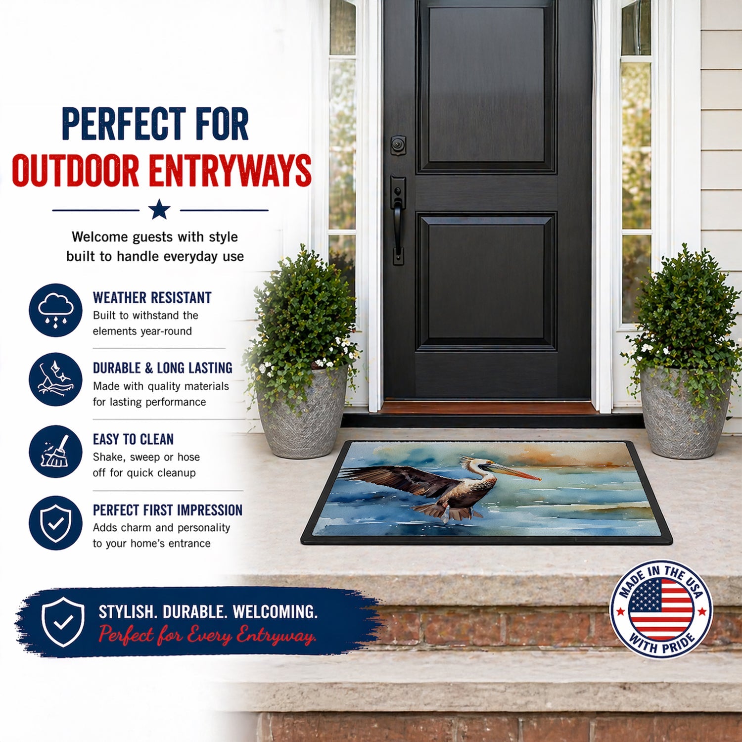 Pelican Doormat Indoor Outdoor 24H X 36W Front Door Mat Rugs for Entryway, Non Slip Washable Low Pile,