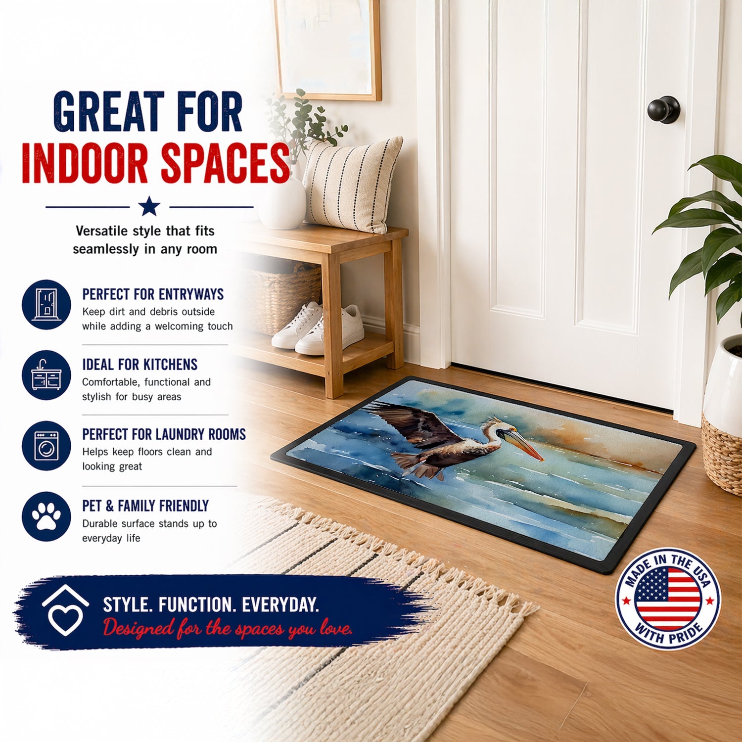 Pelican Doormat Indoor Outdoor 24H X 36W Front Door Mat Rugs for Entryway, Non Slip Washable Low Pile,