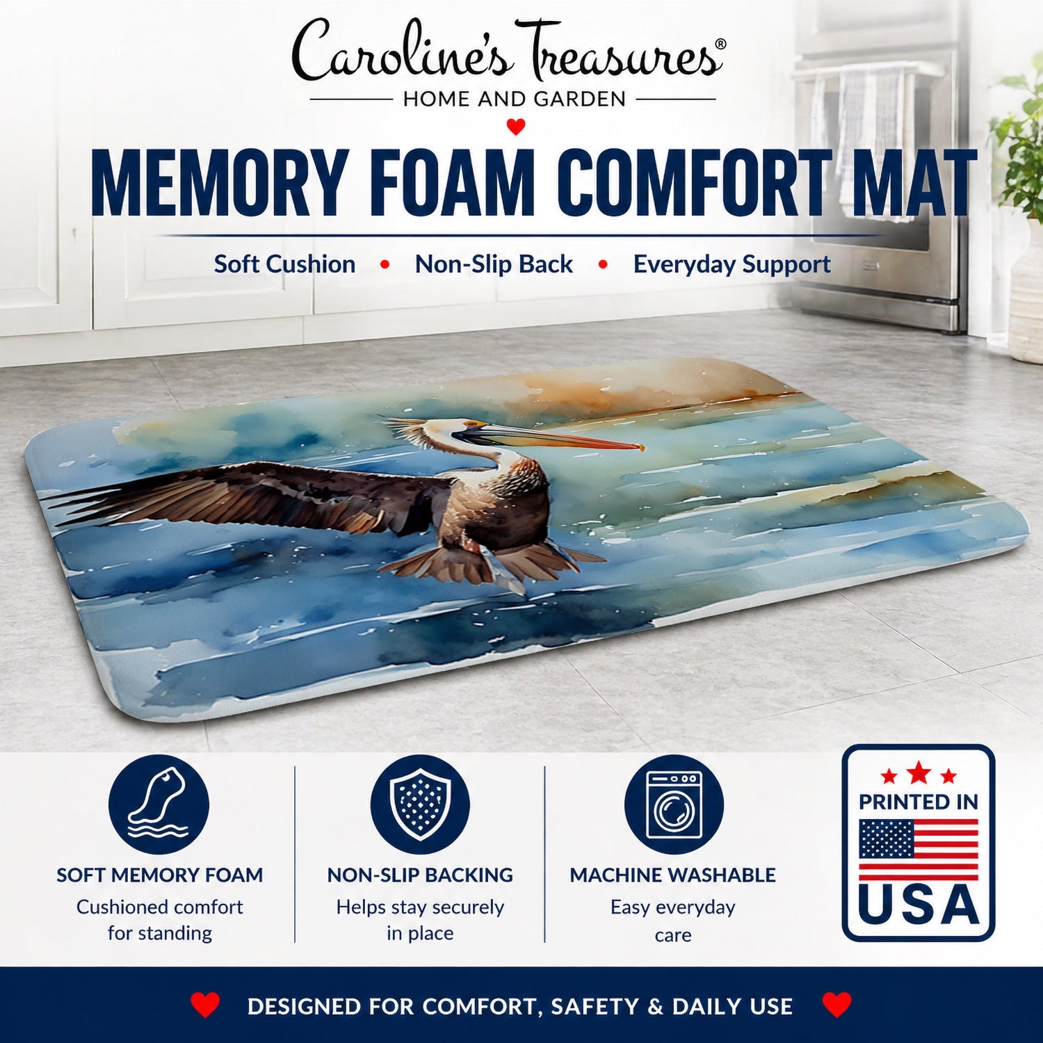 Pelican Memory Foam Kitchen Mat Machine Washable Anti-Fatigue Cushion Comfort Bath or Kitchen Rug