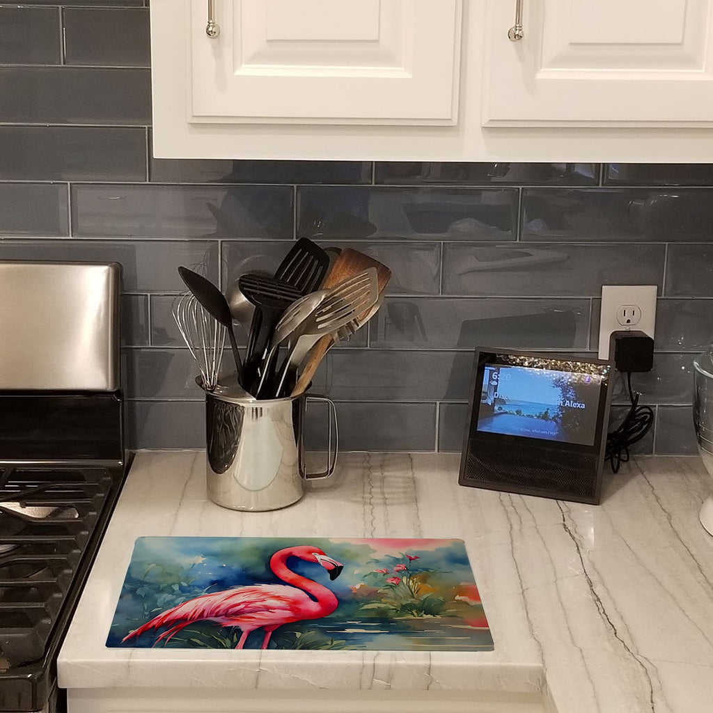 Flamingo Cutting Board Tempered Glass Kitchen Cutting Surface, Heat Resistant Chopping, Non-Slip Feet, Food Prep & Serving