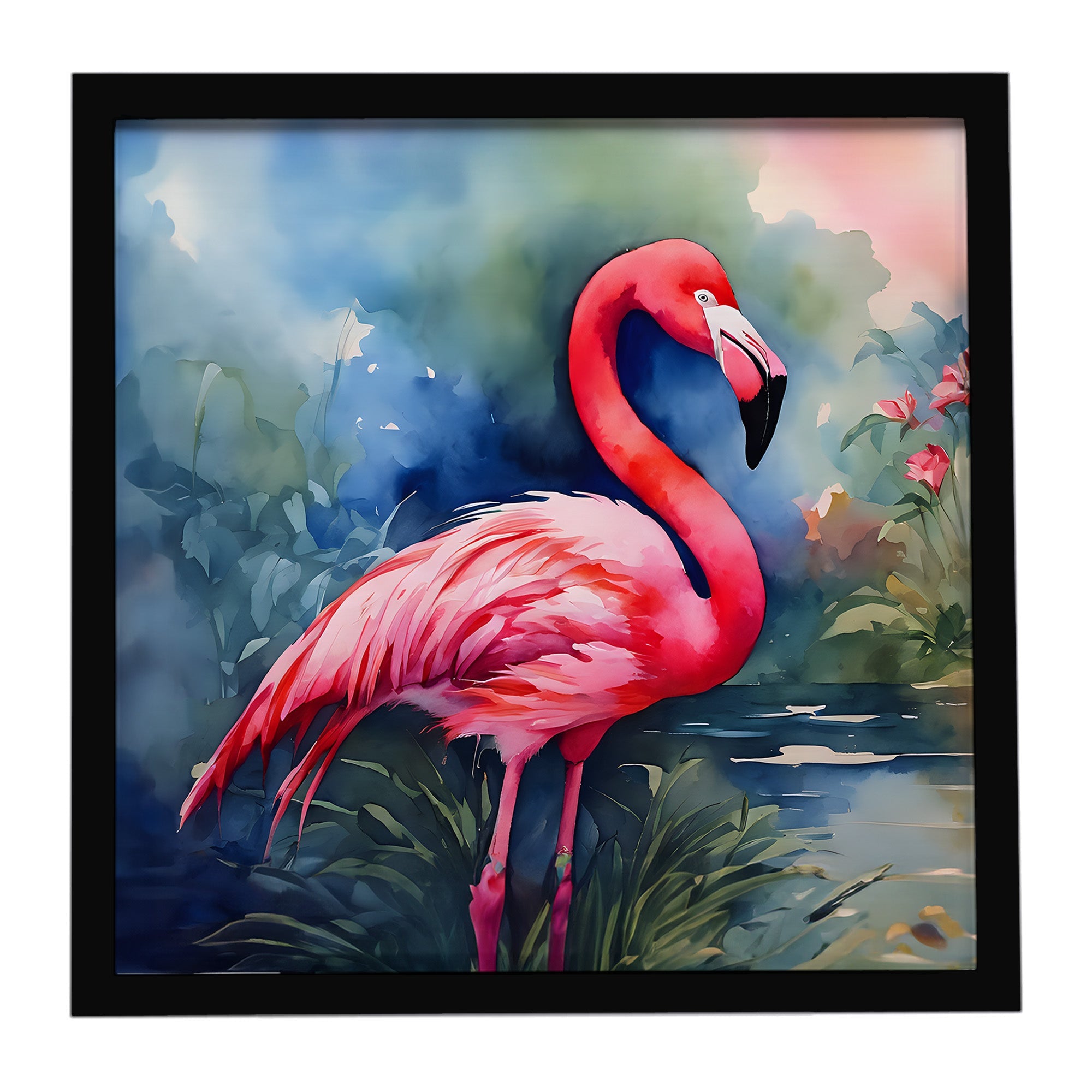 Flamingo Framed Metal Print Bathroom, Kitchen, Office, Home Decor Wall Art Ready to Hang, Square, 8X8