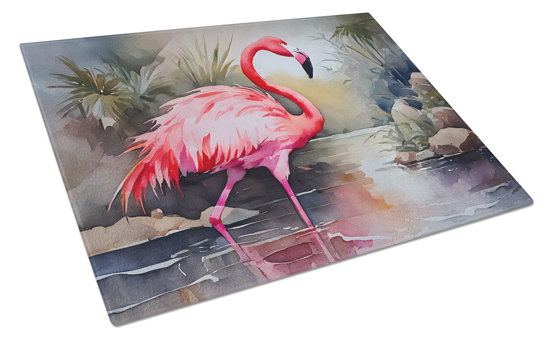 Flamingo Cutting Board Tempered Glass Kitchen Cutting Surface, Heat Resistant Chopping, Non-Slip Feet, Food Prep & Serving