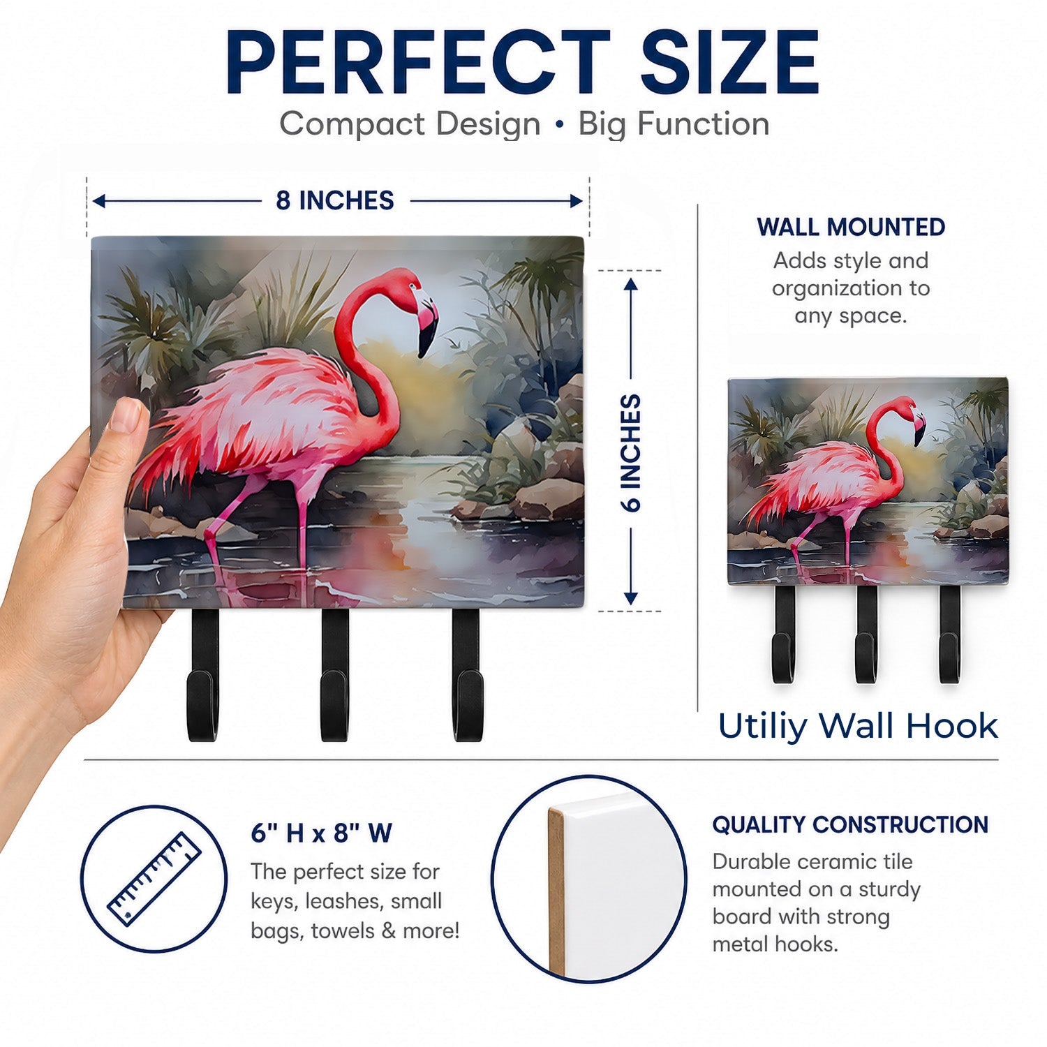 Flamingo Leash or Key Holder Wall Hooks, Coat Rack Wall Mount, for Hanging Keys, Towels, Aprons, Leashes
