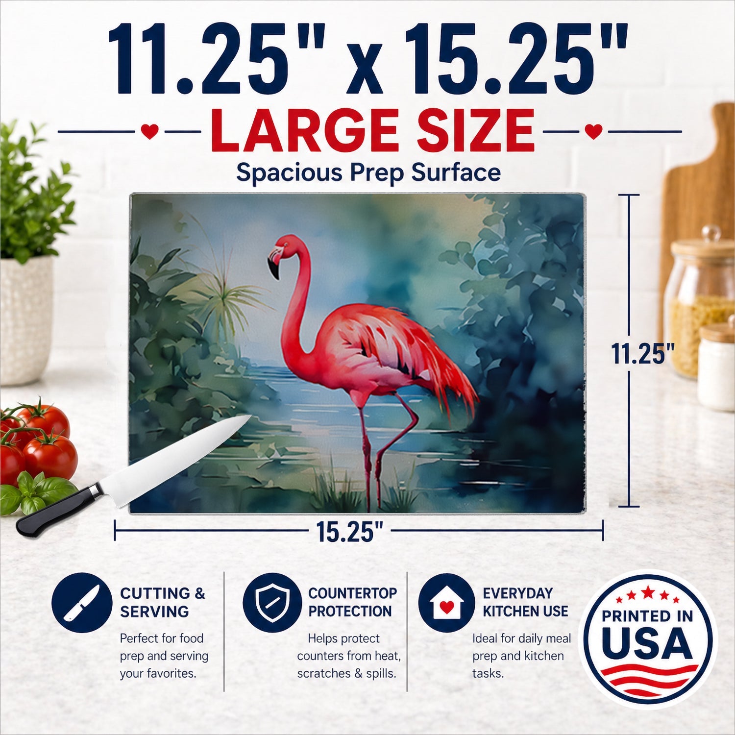 Flamingo Cutting Board Tempered Glass Kitchen Cutting Surface, Heat Resistant Chopping, Non-Slip Feet, Food Prep & Serving