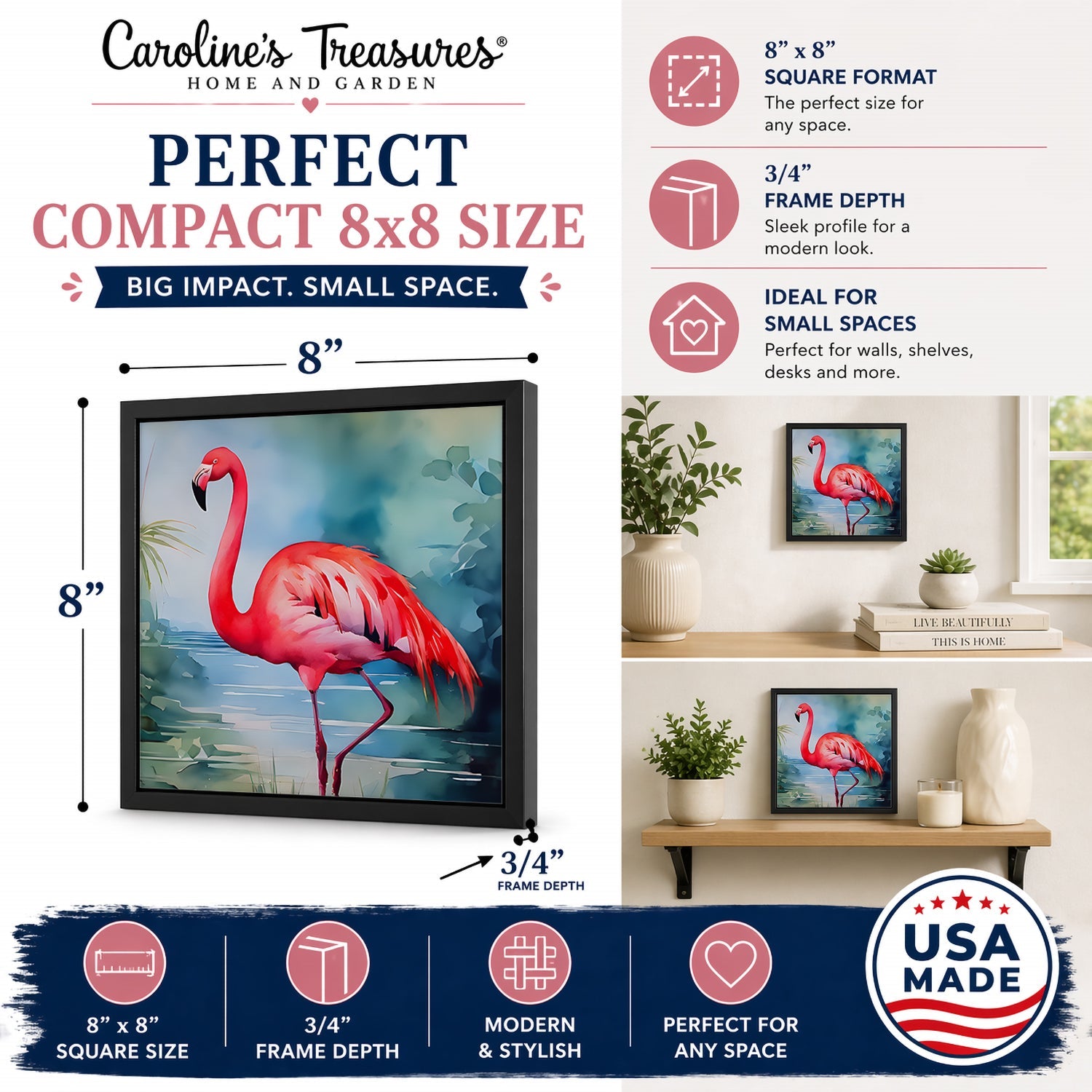 Flamingo Framed Metal Print Bathroom, Kitchen, Office, Home Decor Wall Art Ready to Hang, Square, 8X8