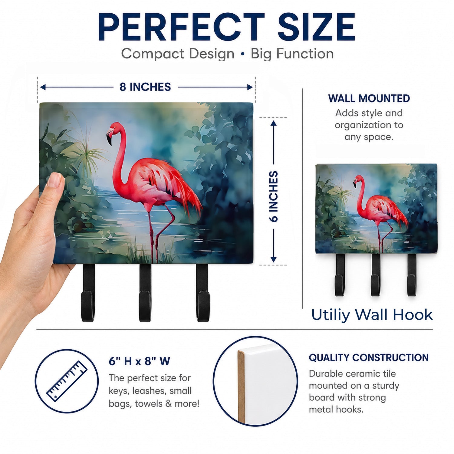 Flamingo Leash or Key Holder Wall Hooks, Coat Rack Wall Mount, for Hanging Keys, Towels, Aprons, Leashes