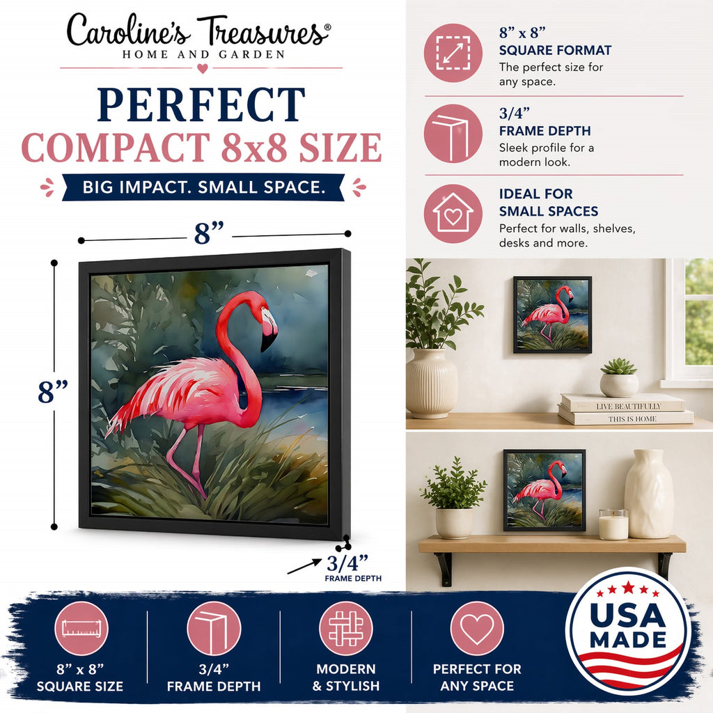 Flamingo Framed Metal Print Bathroom, Kitchen, Office, Home Decor Wall Art Ready to Hang, Square, 8X8