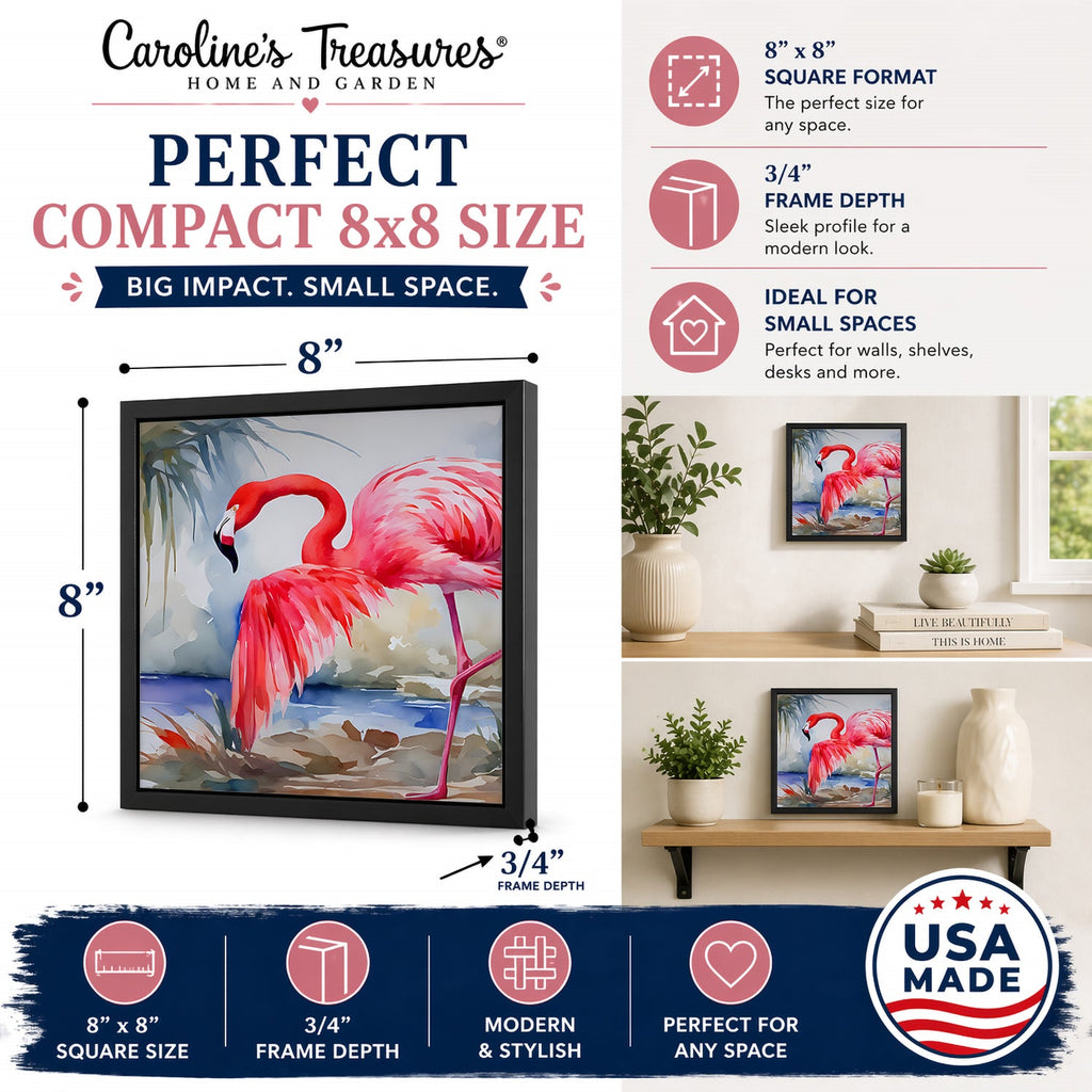 Flamingo Framed Metal Print Bathroom, Kitchen, Office, Home Decor Wall Art Ready to Hang, Square, 8X8