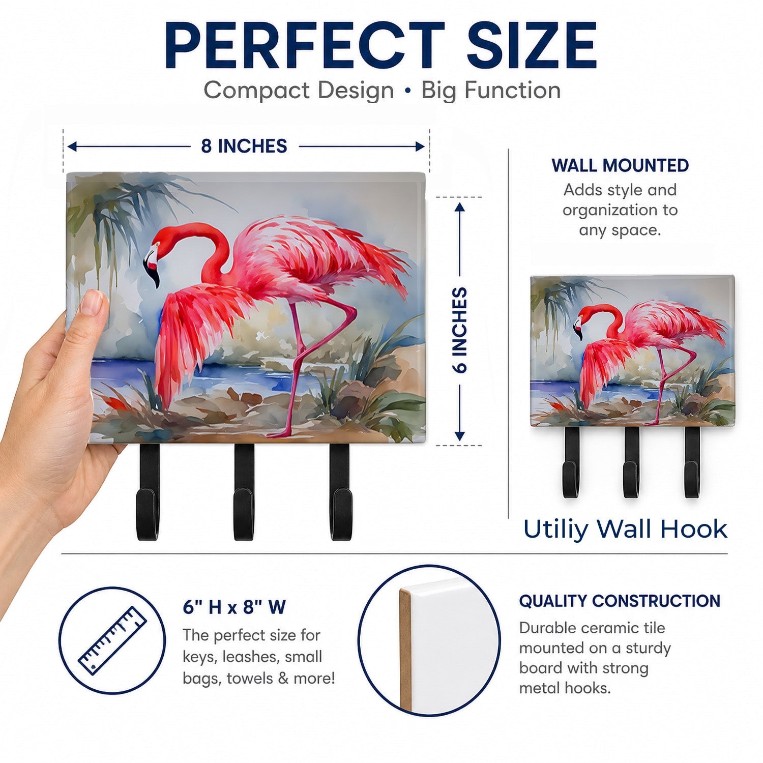 Flamingo Leash or Key Holder Wall Hooks, Coat Rack Wall Mount, for Hanging Keys, Towels, Aprons, Leashes