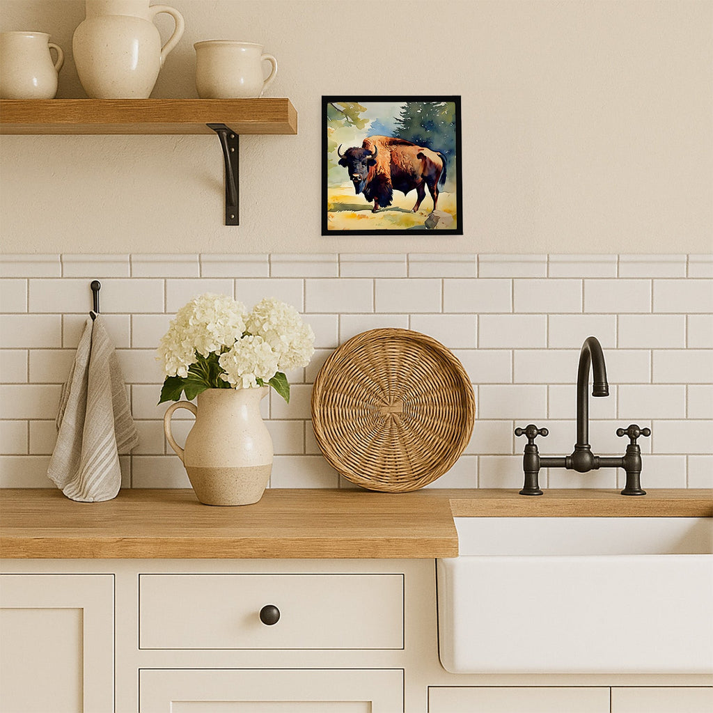 American Bison Framed Metal Print Bathroom, Kitchen, Office, Home Decor Wall Art Ready to Hang, Square, 8X8