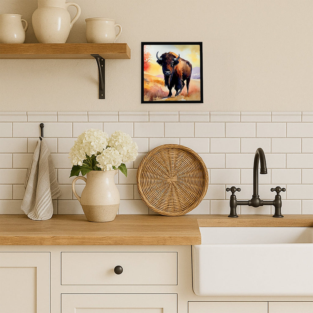 American Bison Framed Metal Print Bathroom, Kitchen, Office, Home Decor Wall Art Ready to Hang, Square, 8X8