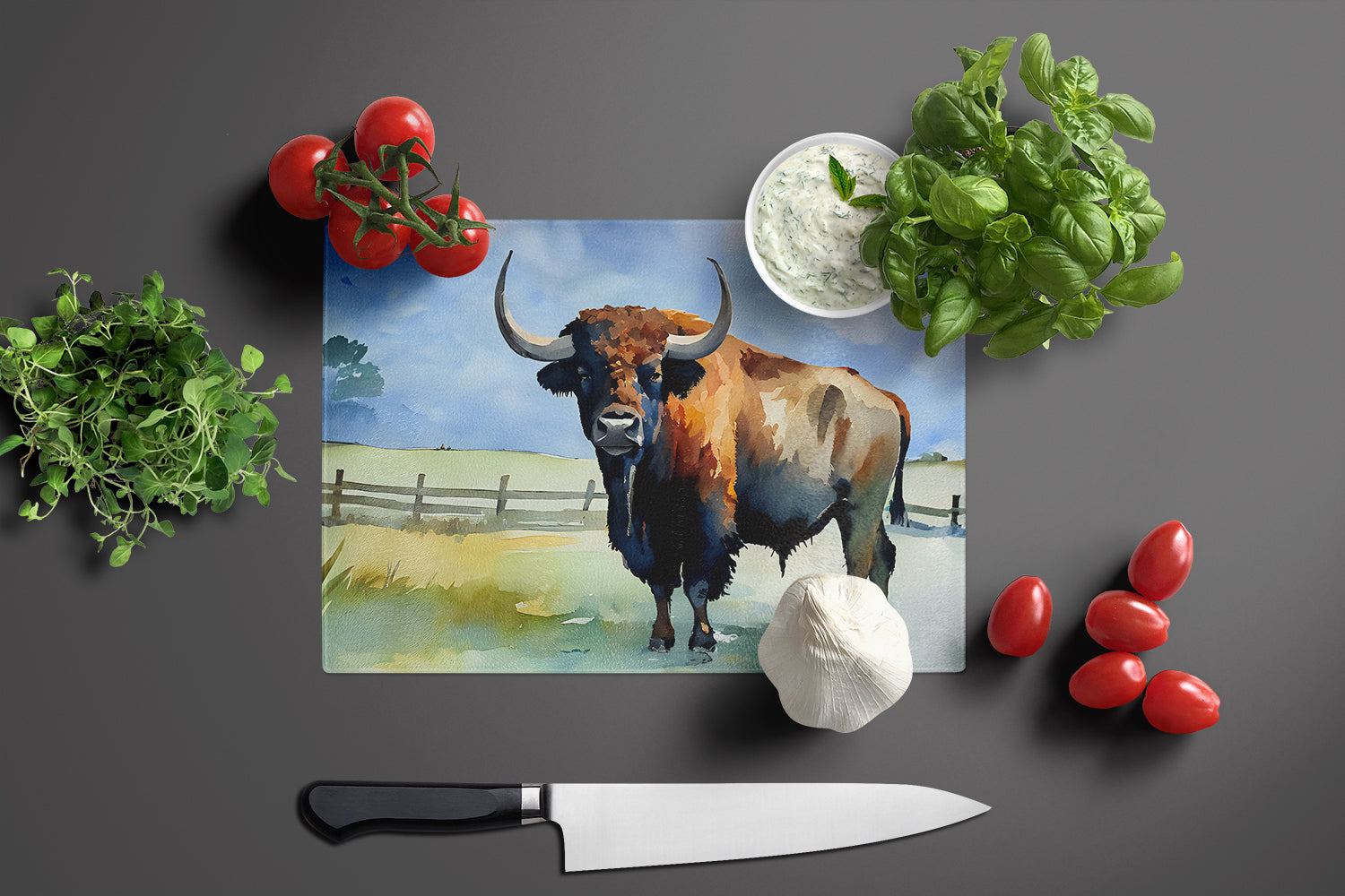 American Bison Cutting Board Tempered Glass Kitchen Cutting Surface, Heat Resistant Chopping, Non-Slip Feet, Food Prep & Serving
