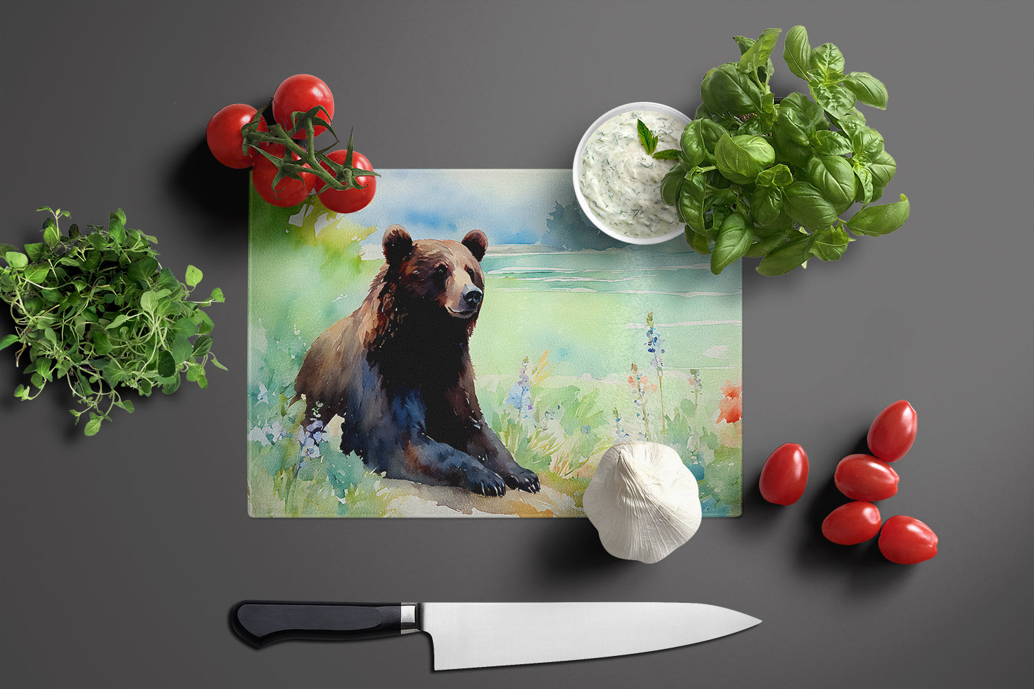 American Black Bear Cutting Board Tempered Glass Kitchen Cutting Surface, Heat Resistant Chopping, Non-Slip Feet, Food Prep & Serving