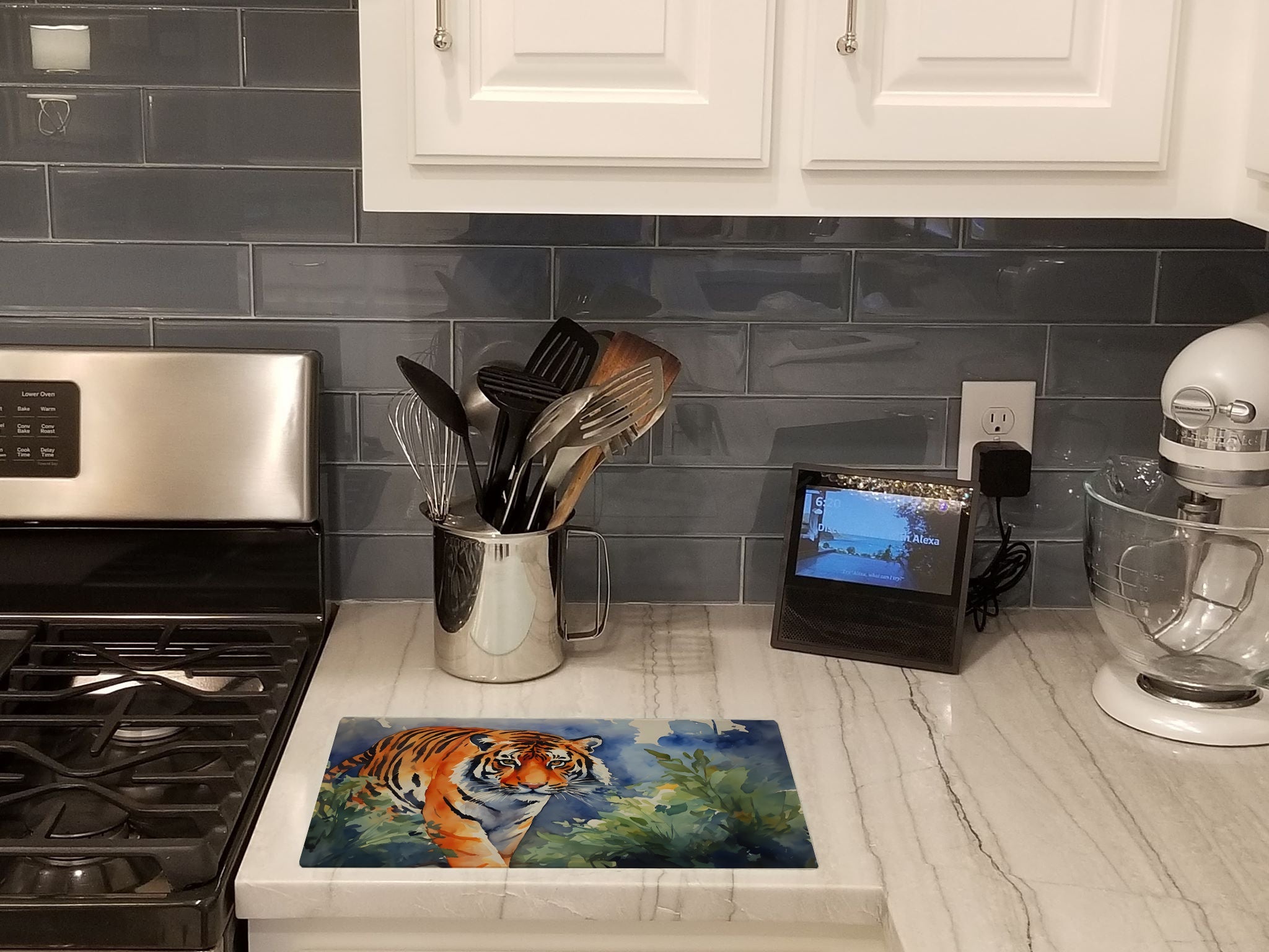 Bengal Tiger Cutting Board Tempered Glass Kitchen Cutting Surface, Heat Resistant Chopping, Non-Slip Feet, Food Prep & Serving