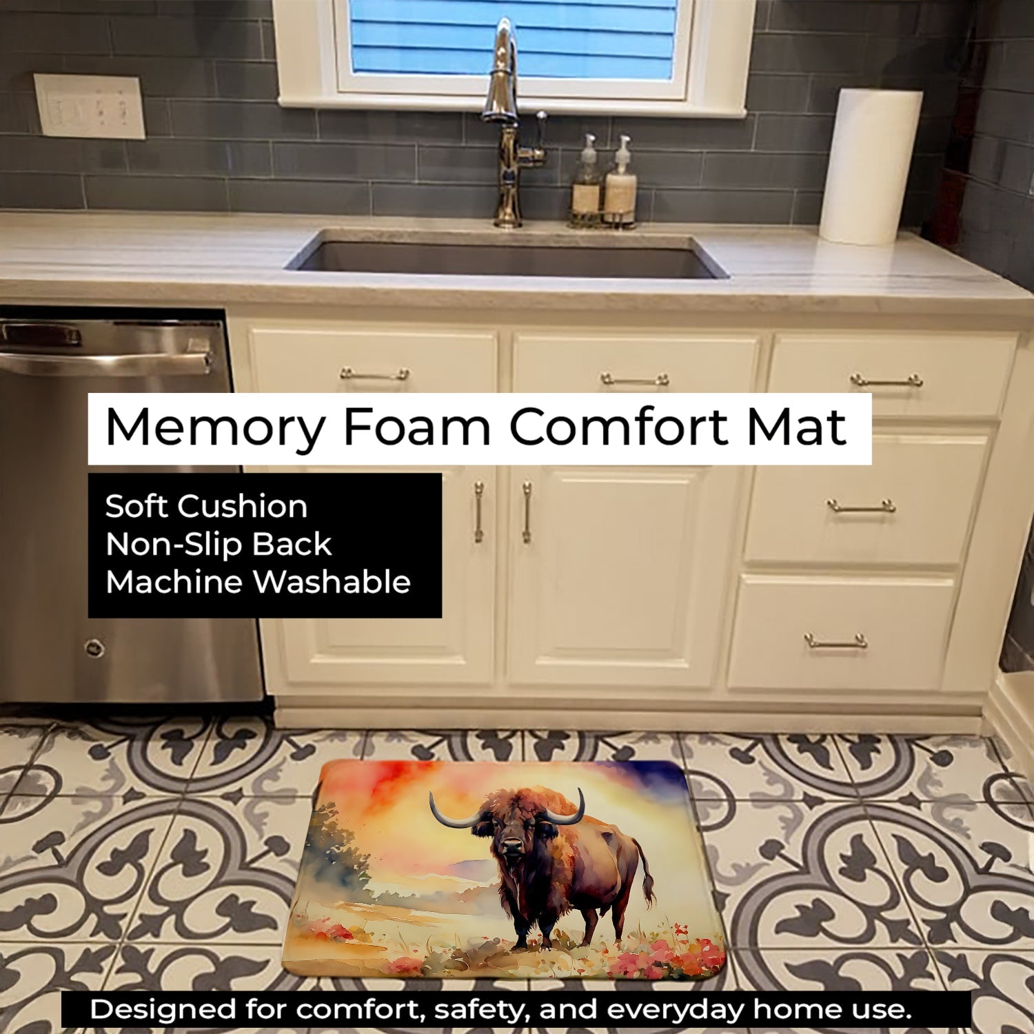 Buffalo Memory Foam Kitchen Mat Machine Washable Anti-Fatigue Cushion Comfort Bath or Kitchen Rug