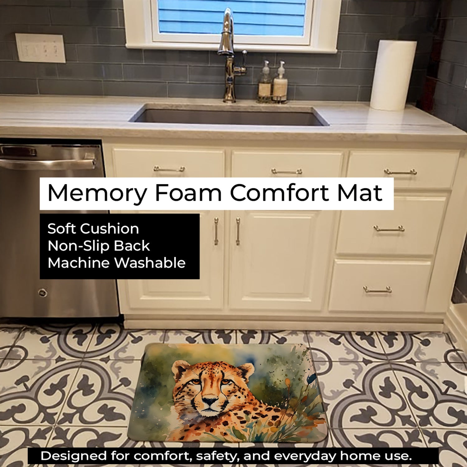 Cheetah Memory Foam Kitchen Mat Machine Washable Anti-Fatigue Cushion Comfort Bath or Kitchen Rug