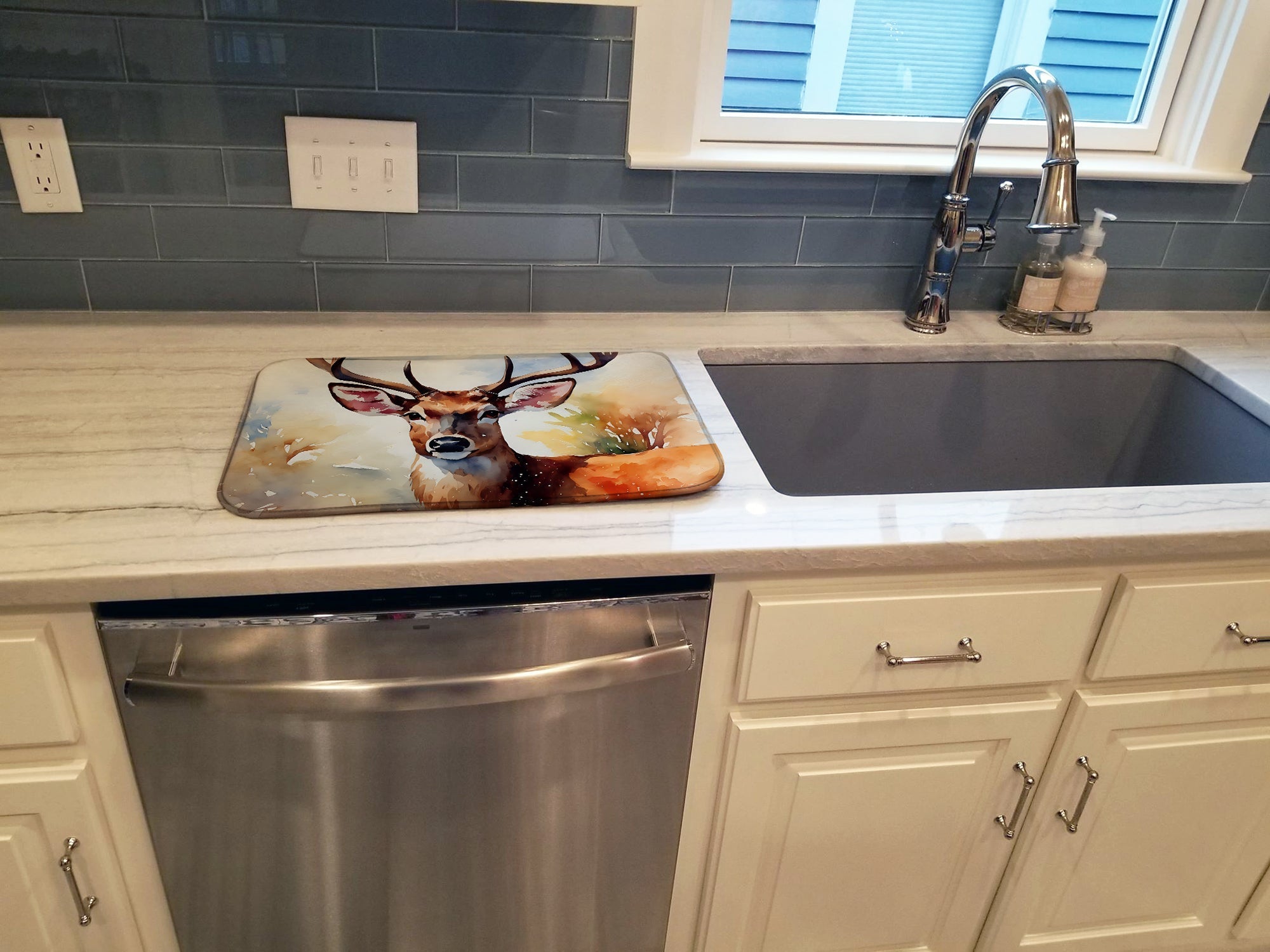 Deer Dish Drying Mat Absorbent Dish Drying Mat Pad for Kitchen Counter Dish Drainer Mat for Countertop, 14 x 21", Multicolor