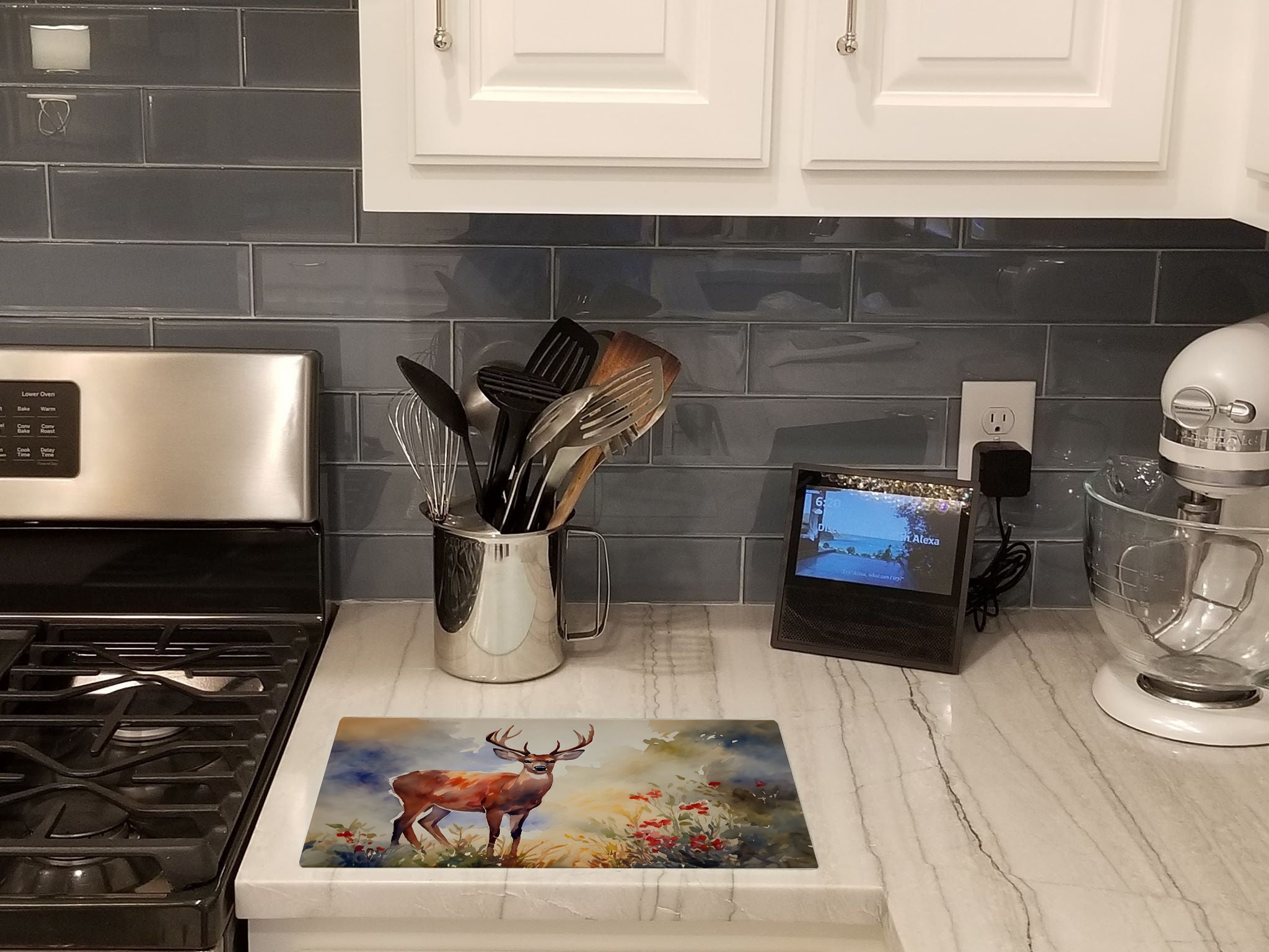 Deer Cutting Board Tempered Glass Kitchen Cutting Surface, Heat Resistant Chopping, Non-Slip Feet, Food Prep & Serving