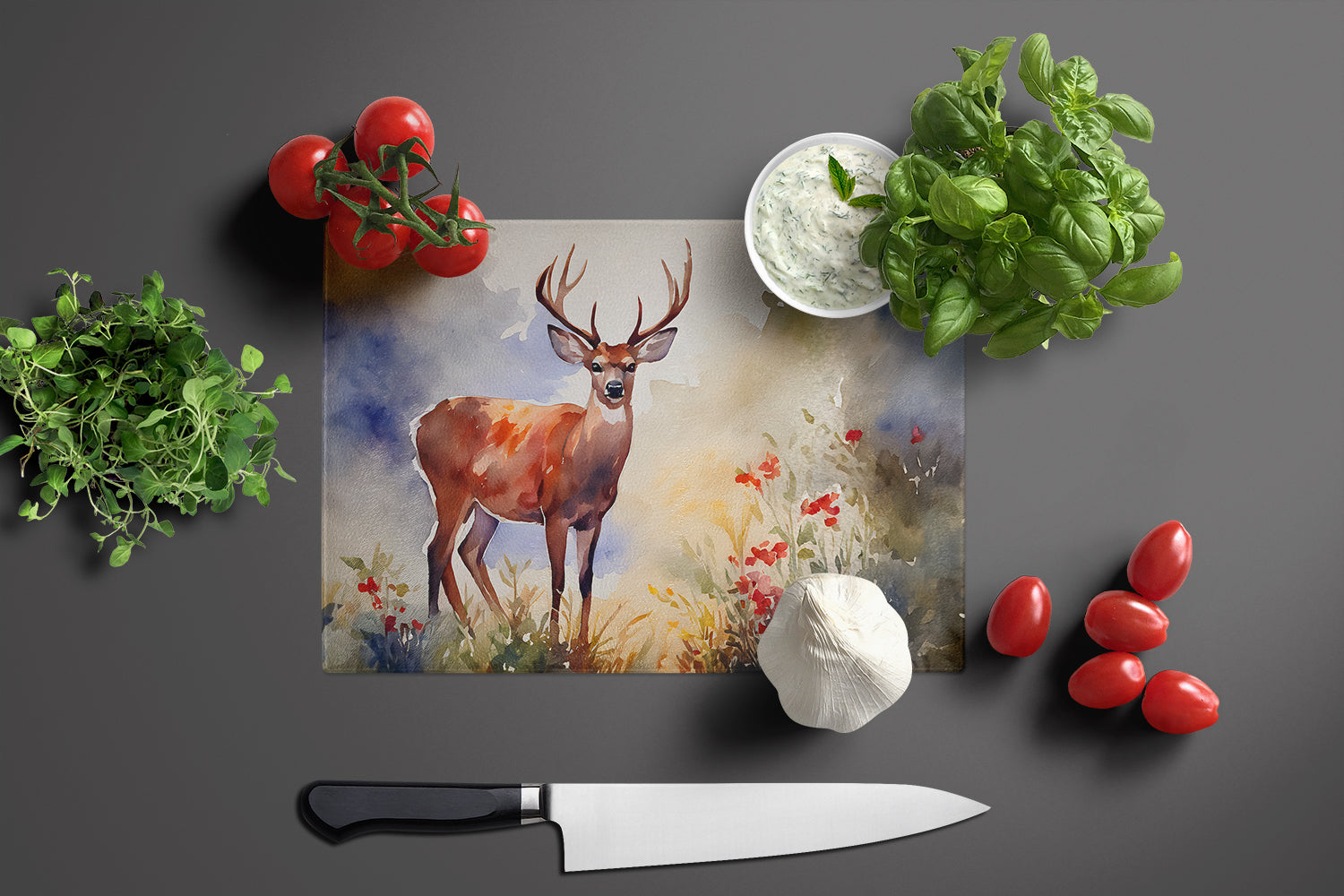 Deer Cutting Board Tempered Glass Kitchen Cutting Surface, Heat Resistant Chopping, Non-Slip Feet, Food Prep & Serving
