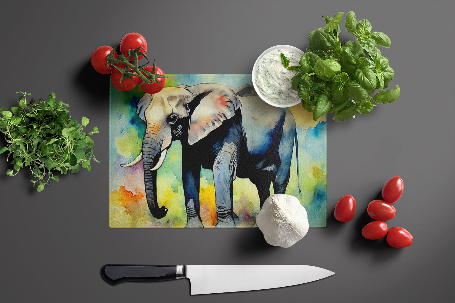 Elephant Cutting Board Tempered Glass Kitchen Cutting Surface, Heat Resistant Chopping, Non-Slip Feet, Food Prep & Serving