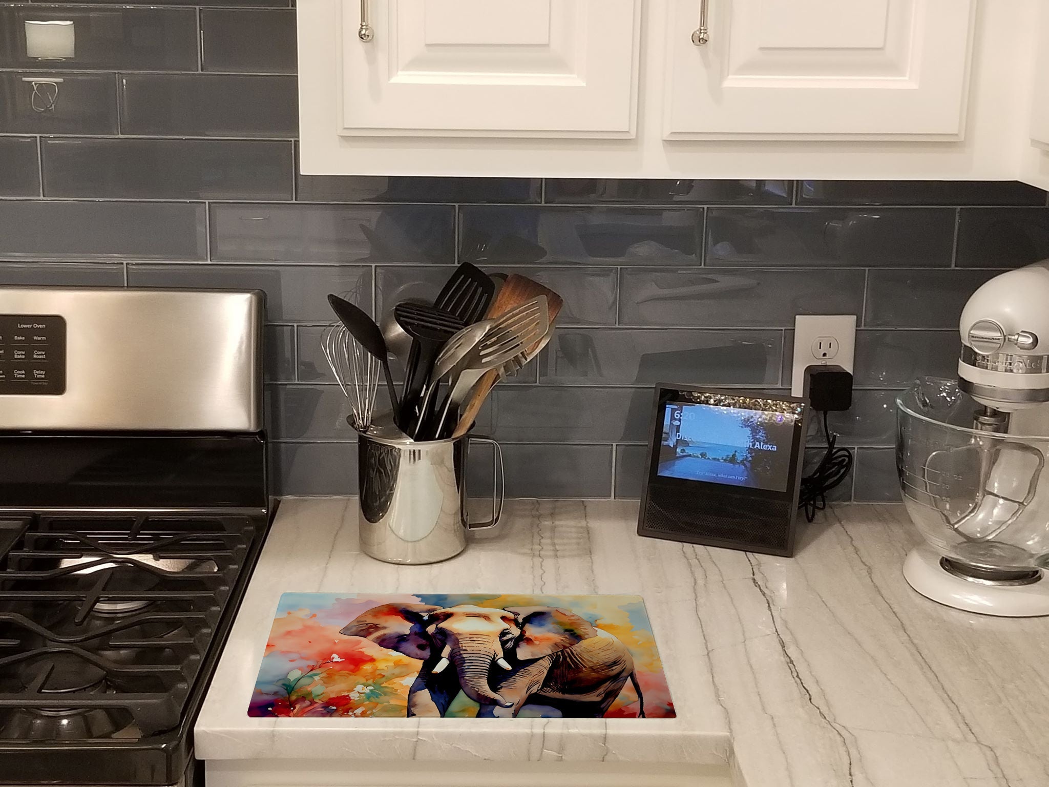 Elephant Cutting Board Tempered Glass Kitchen Cutting Surface, Heat Resistant Chopping, Non-Slip Feet, Food Prep & Serving