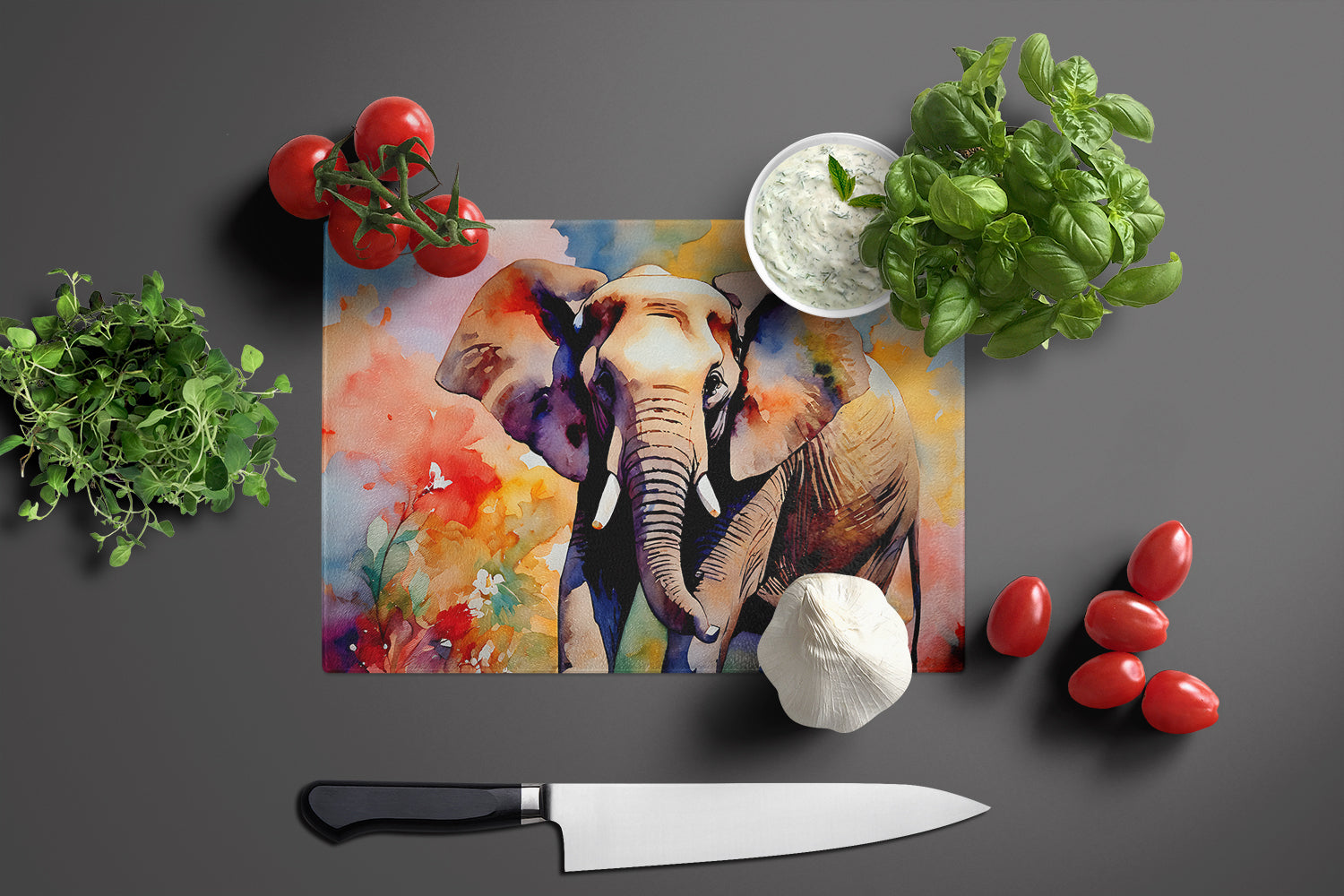 Elephant Cutting Board Tempered Glass Kitchen Cutting Surface, Heat Resistant Chopping, Non-Slip Feet, Food Prep & Serving