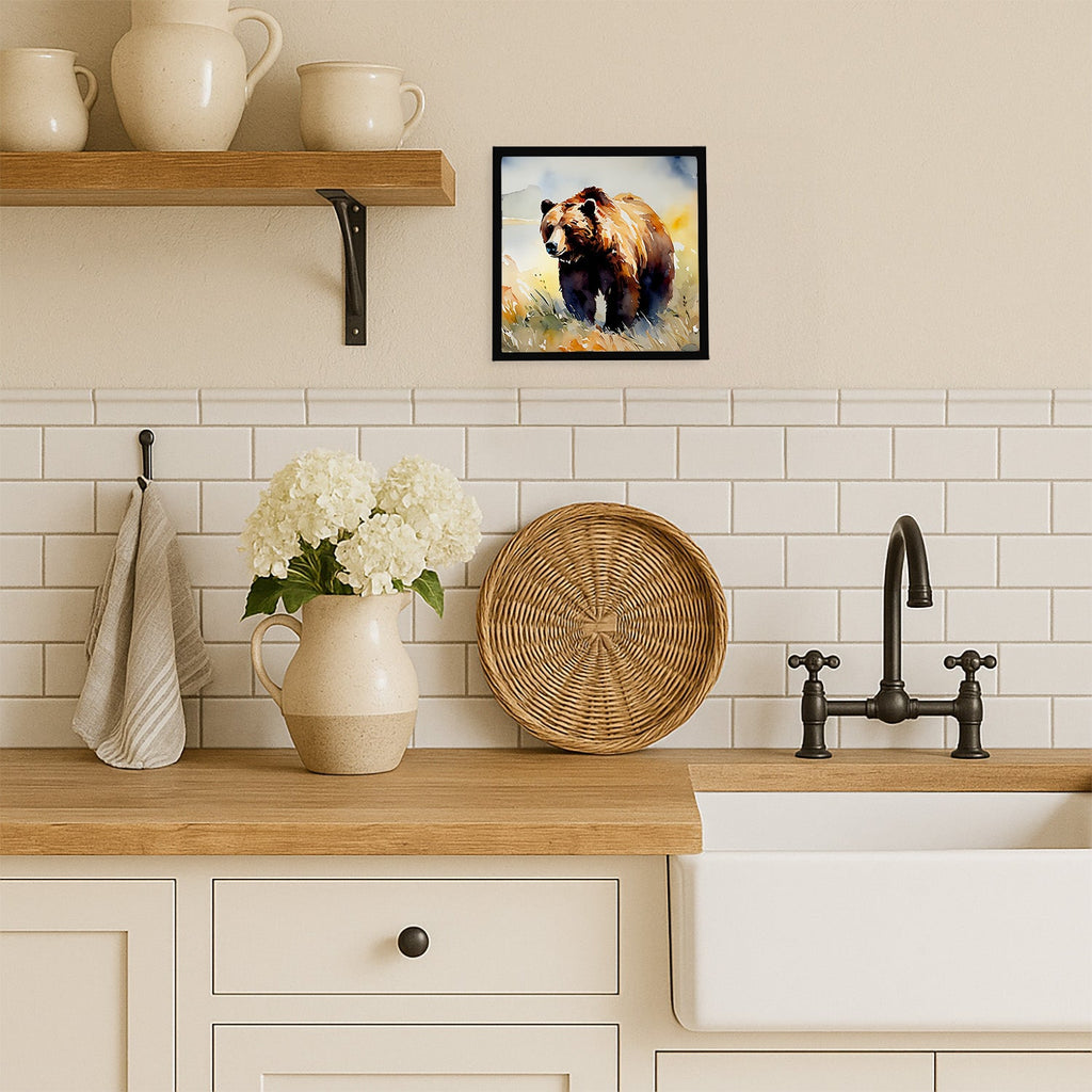 Grizzly Bear Framed Metal Print Bathroom, Kitchen, Office, Home Decor Wall Art Ready to Hang, Square, 8X8