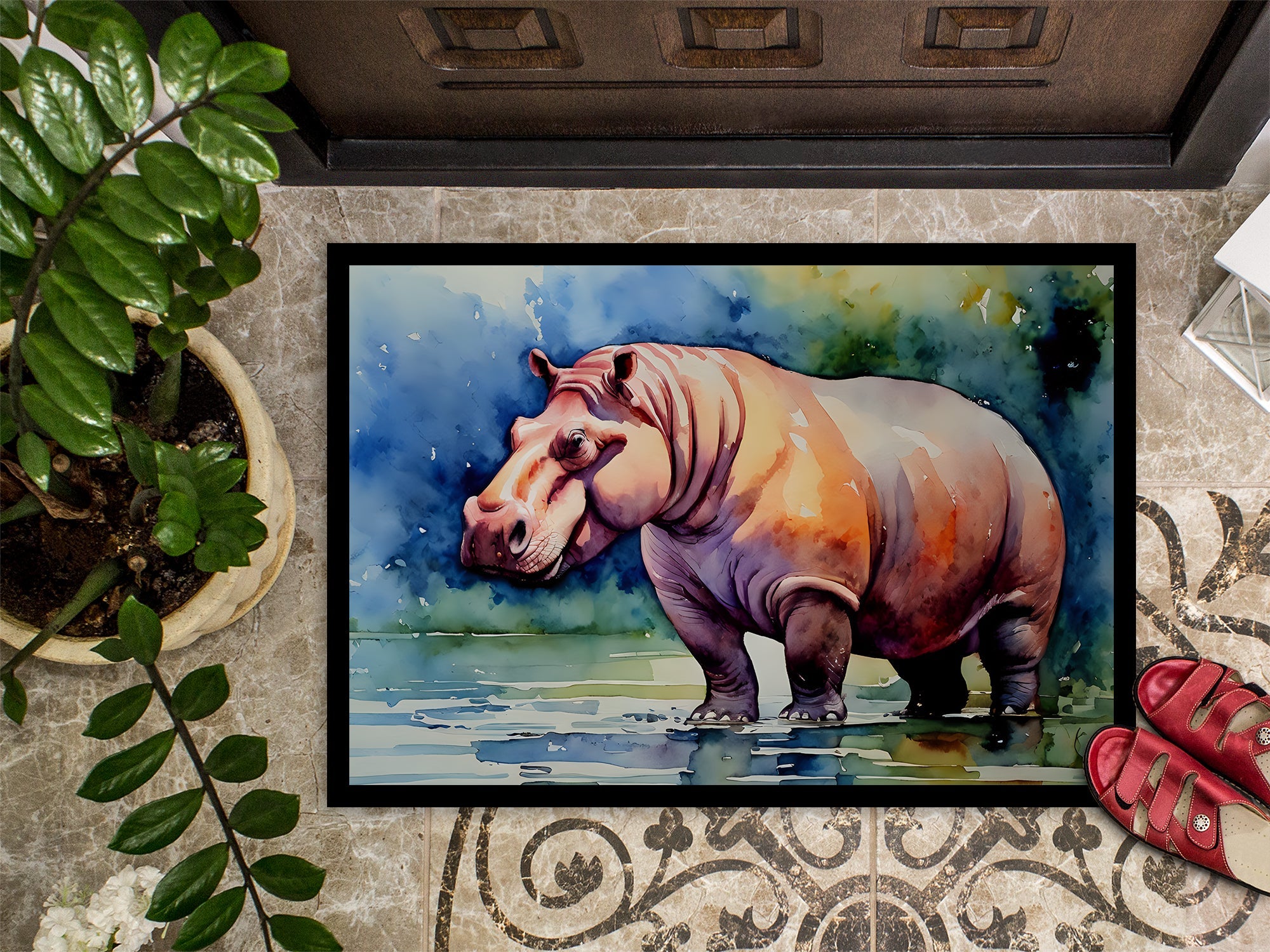 Hippopotamus Doormat Indoor Outdoor 24H X 36W Front Door Mat Rugs for Entryway, Non Slip Washable Low Pile,