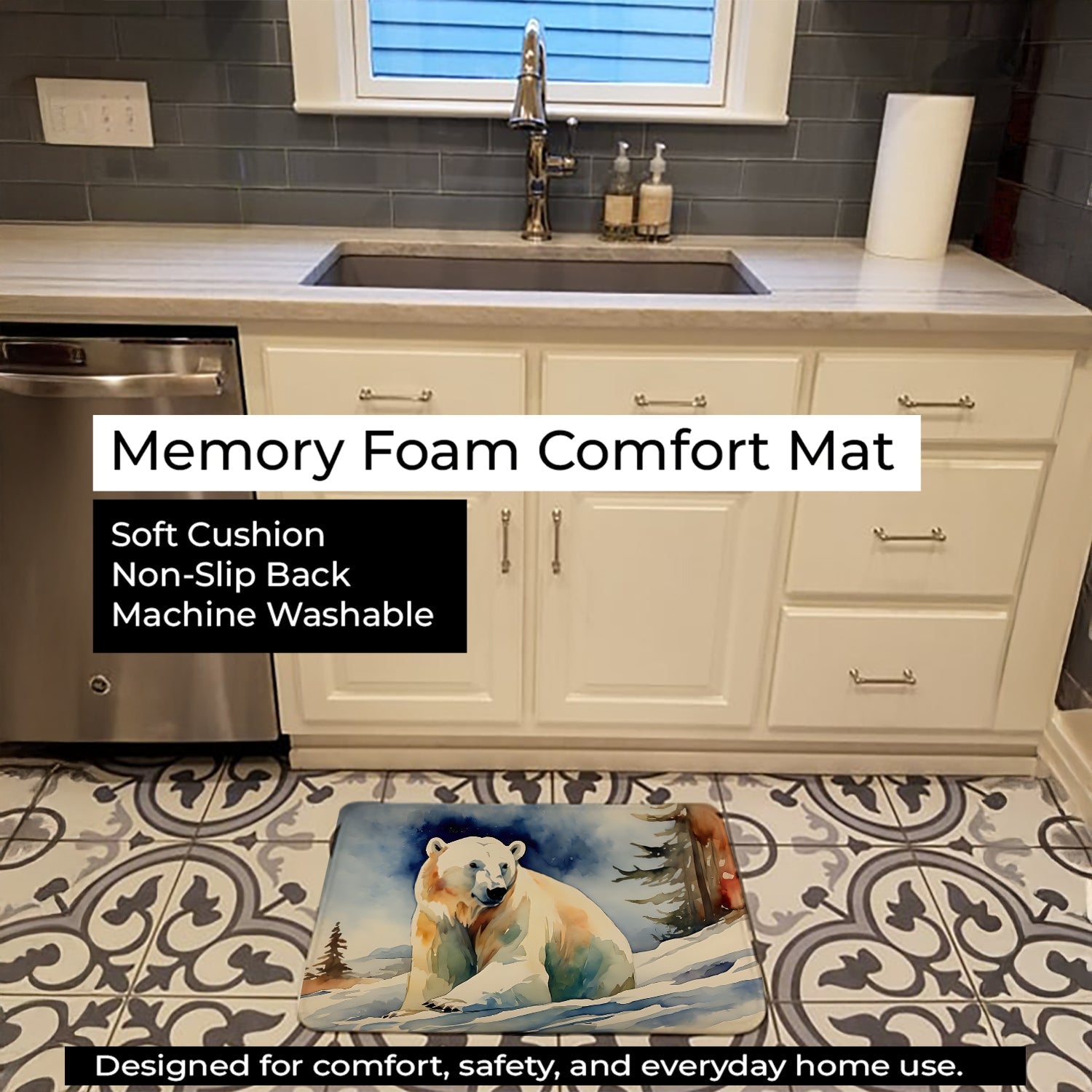 Polar Bear Memory Foam Kitchen Mat Machine Washable Anti-Fatigue Cushion Comfort Bath or Kitchen Rug