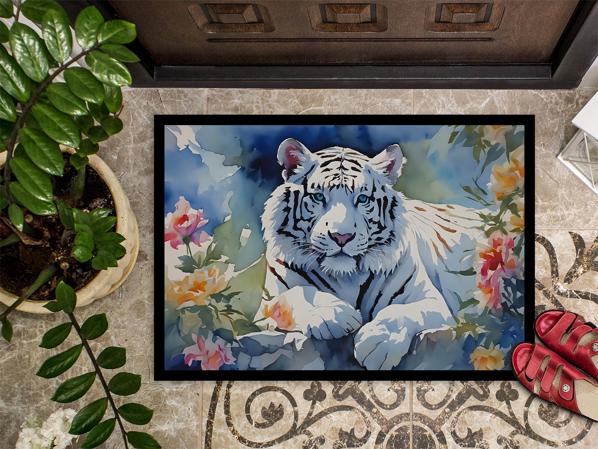 White Tiger Doormat Indoor Outdoor 24H X 36W Front Door Mat Rugs for Entryway, Non Slip Washable Low Pile,