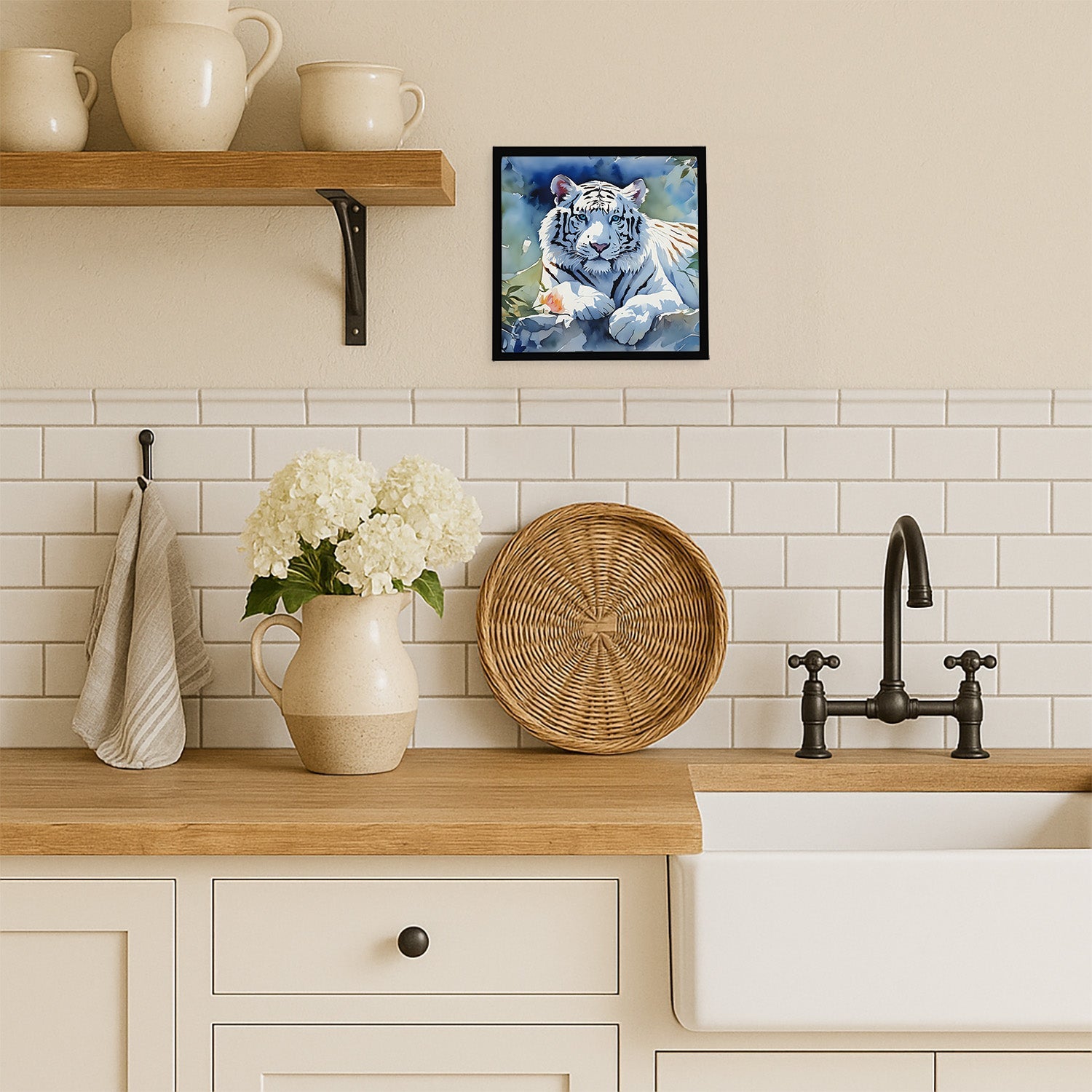 White Tiger Framed Metal Print Bathroom, Kitchen, Office, Home Decor Wall Art Ready to Hang, Square, 8X8