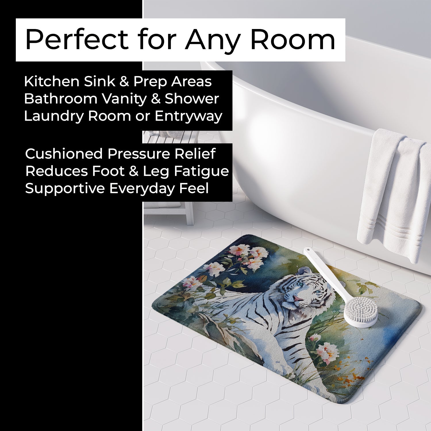 White Tiger Memory Foam Kitchen Mat Machine Washable Anti-Fatigue Cushion Comfort Bath or Kitchen Rug
