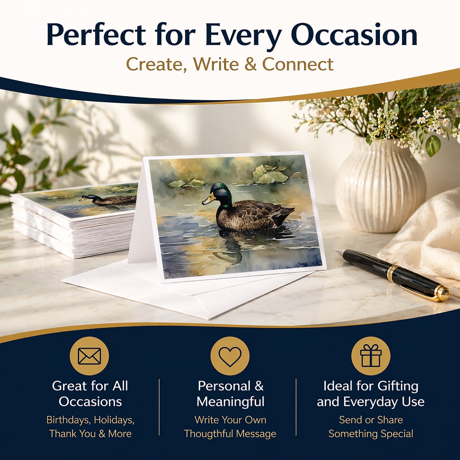 Mallard Duck Swimming Lake Greeting Cards Pack of 8 Blank Cards with Envelopes Whimsical A7 Size 5x7