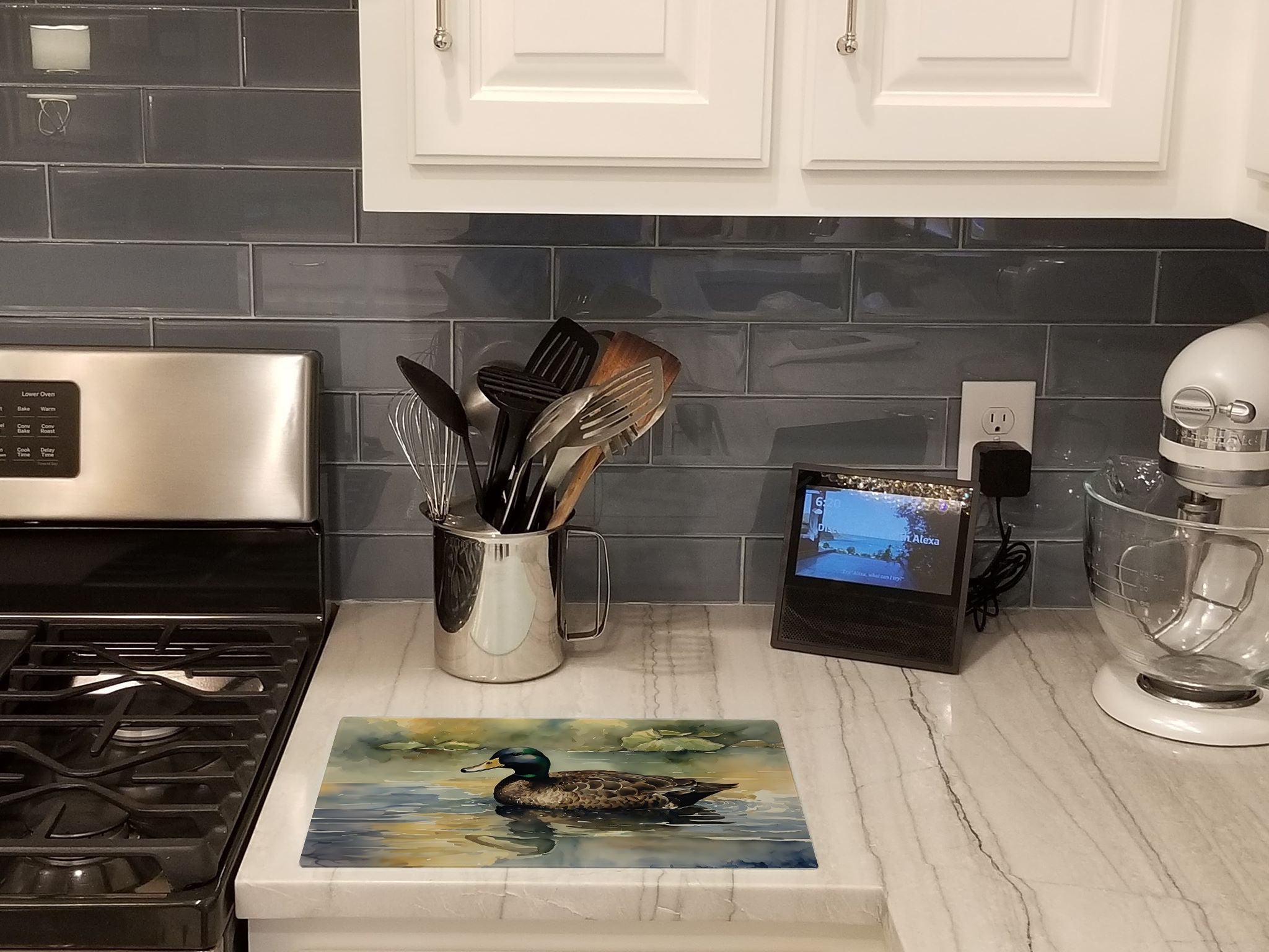 Mallard Duck Swimming Lake Cutting Board Tempered Glass Kitchen Cutting Surface, Heat Resistant Chopping, Non-Slip Feet, Food Prep & Serving