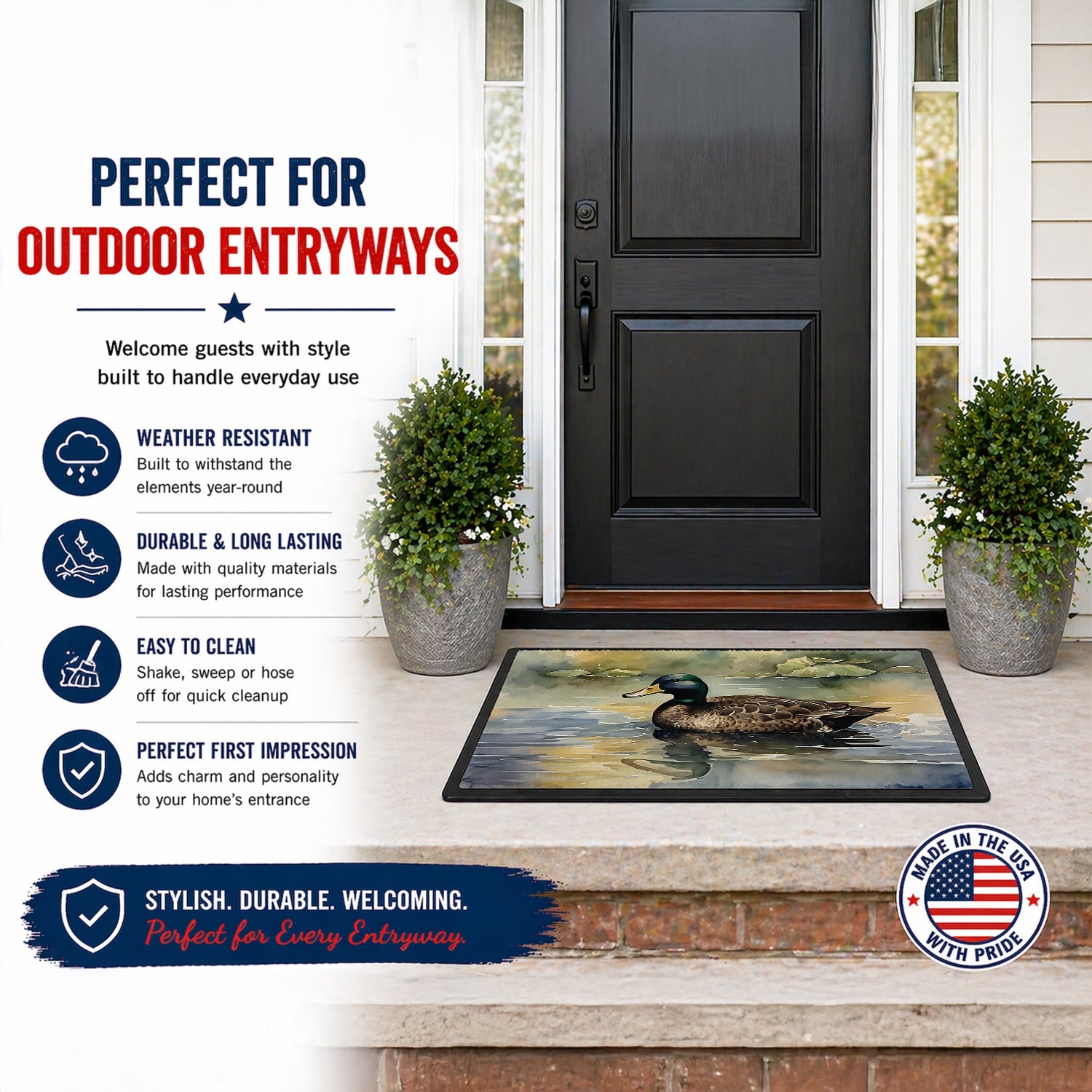 Mallard Duck Swimming Lake Doormat Indoor Outdoor 18H X 27W Front Door Mat Rugs for Entryway, Non Slip Washable
