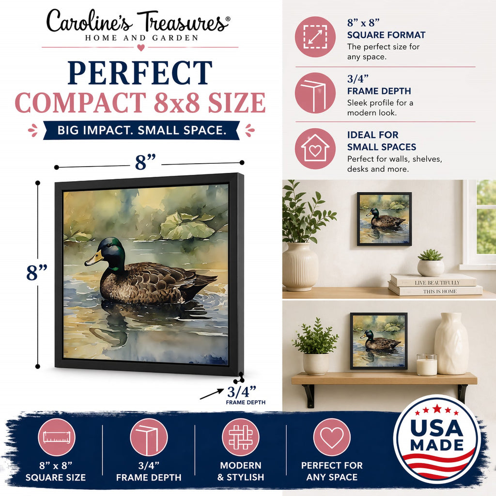 Mallard Duck Swimming Lake Framed Metal Print Bathroom, Kitchen, Office, Home Decor Wall Art Ready to Hang, Square, 8X8
