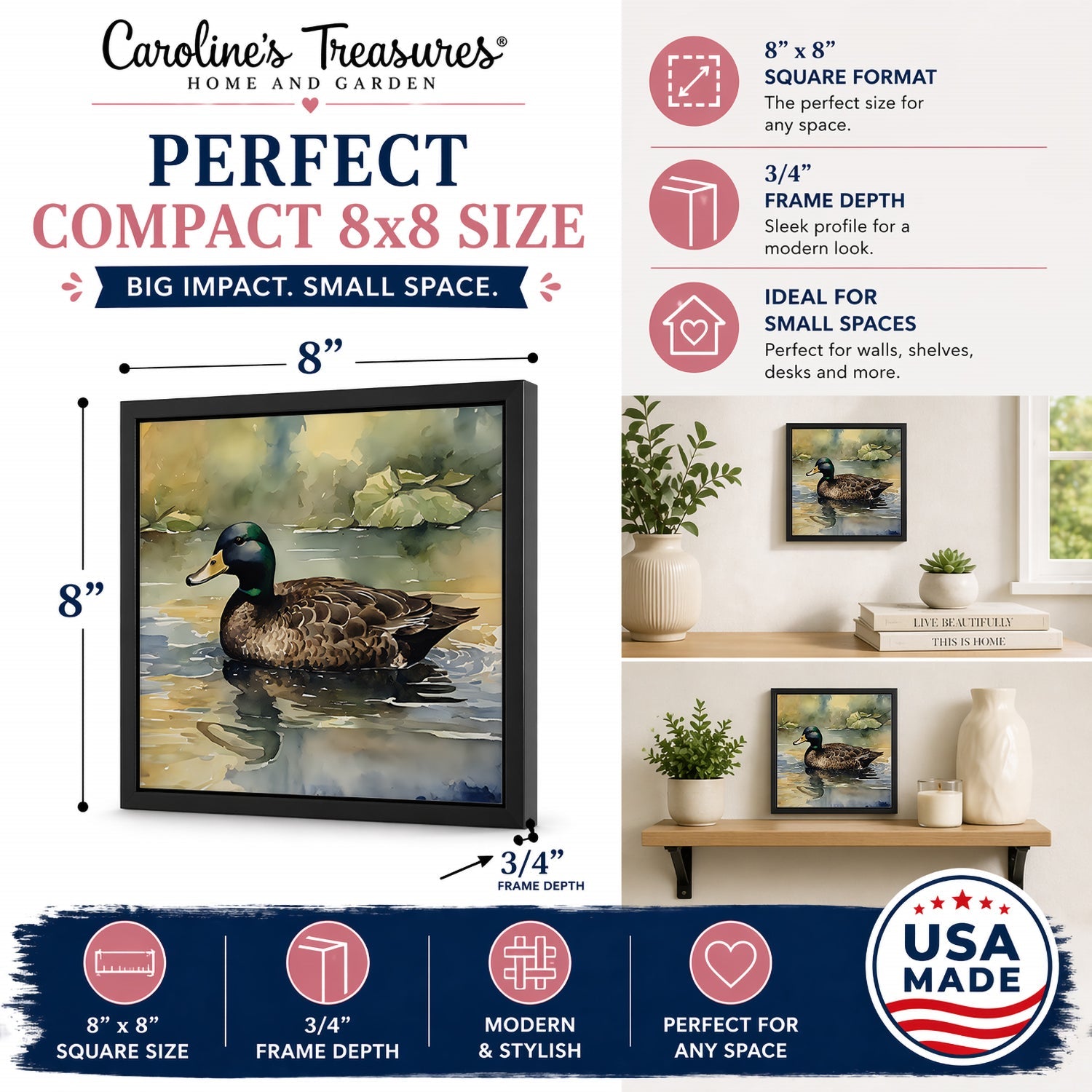 Mallard Duck Swimming Lake Framed Metal Print Bathroom, Kitchen, Office, Home Decor Wall Art Ready to Hang, Square, 8X8