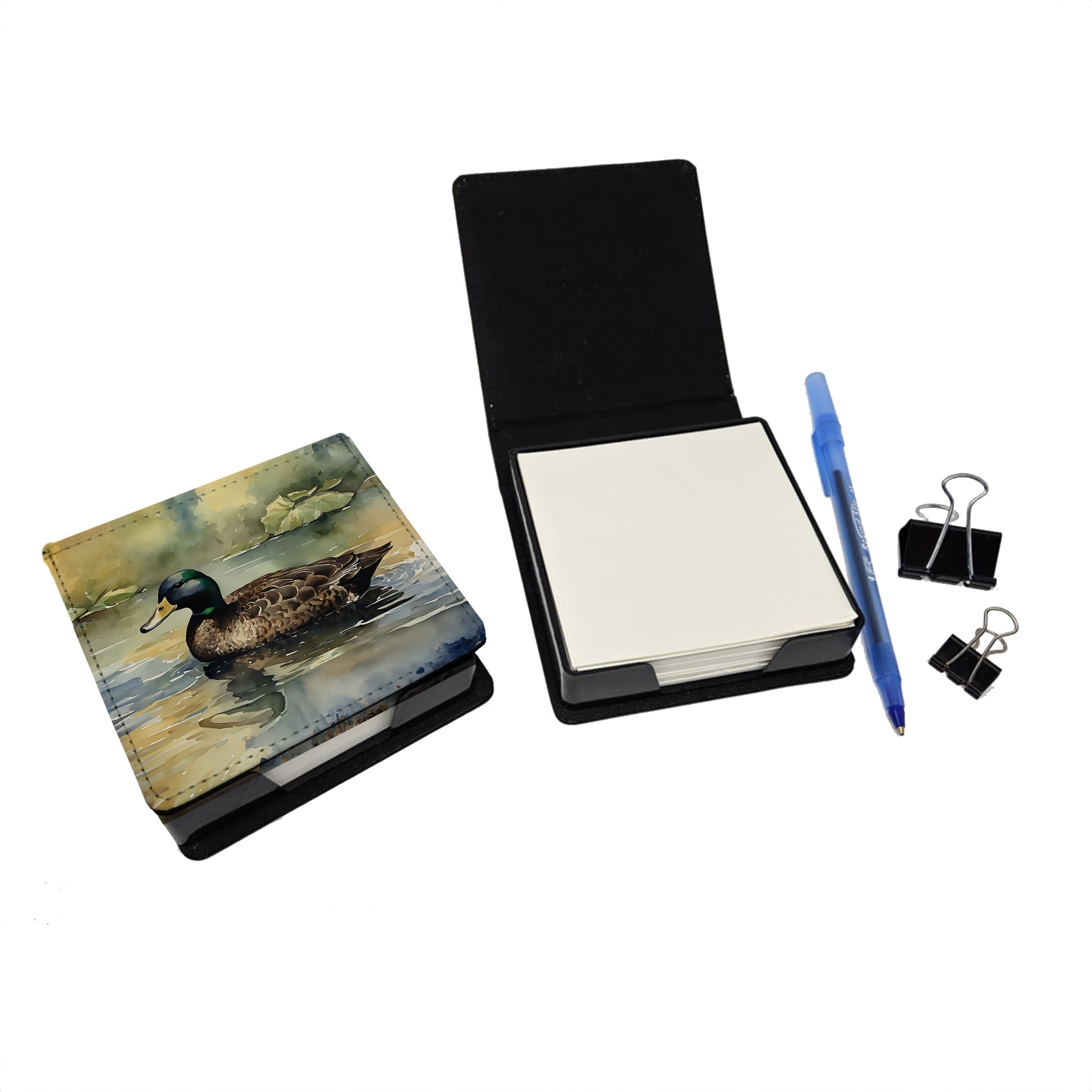 Mallard Duck Swimming Lake PU Leather Note Paper Holder with Artist-Designed Cover, Desk Accessory, Office Gift