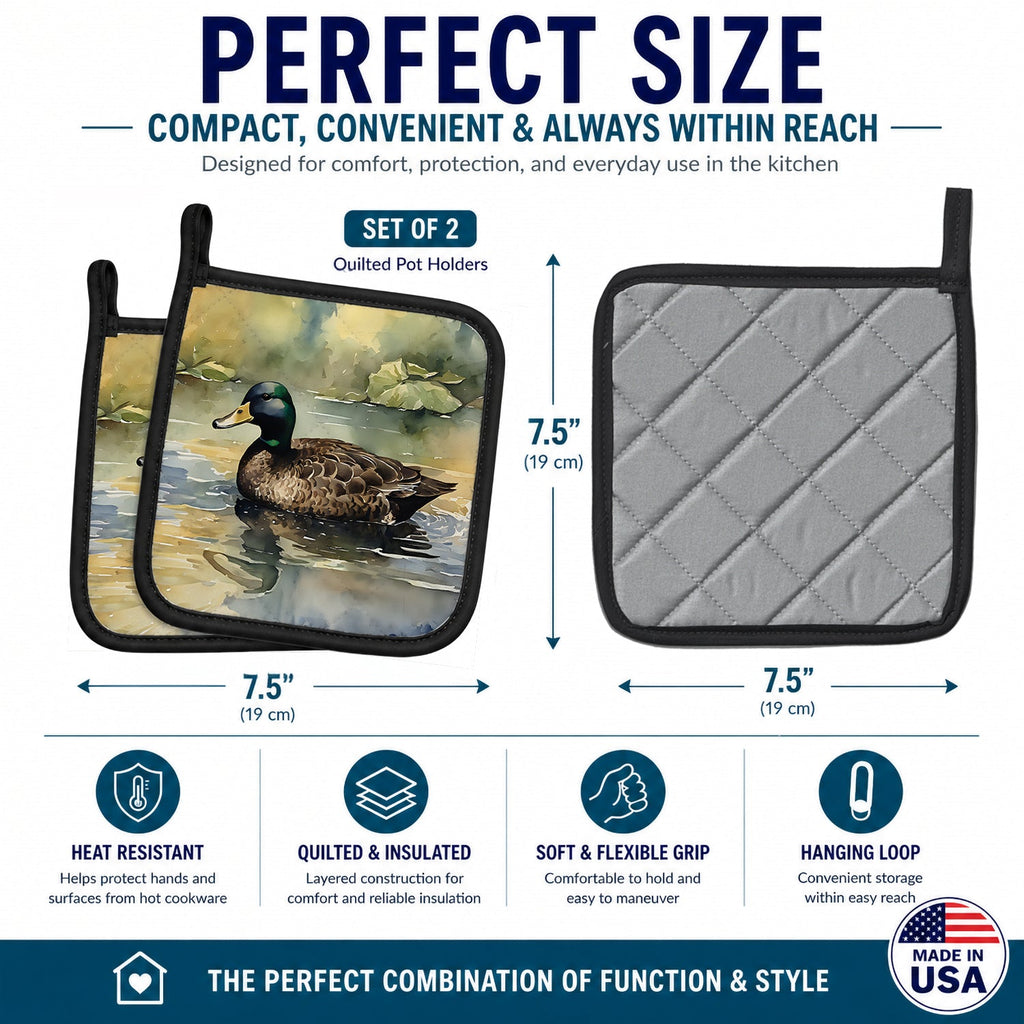 Mallard Duck Swimming Lake Pot Holder Set of 2 Heat Resistant Quilted Hot Pads 7.5 x 7.5 Inch, Insulated Kitchen Trivets for Cooking & Baking